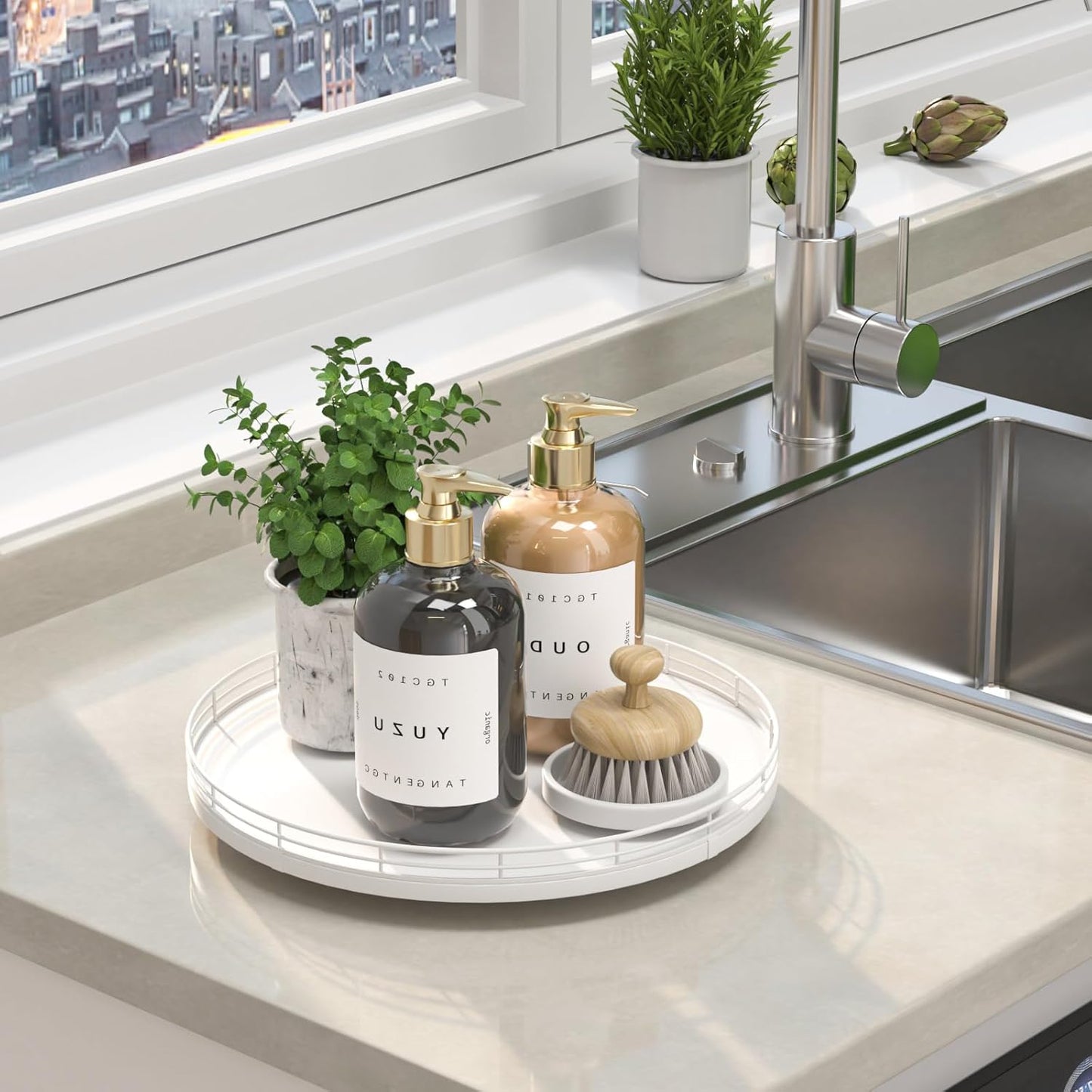 12" Oak Wood Bathroom Tray for Counter, Vanity Tray for Perfume Lotion Candle Makeup Jewelry Sink Soap Holder Turntable Dresser Organizer Countertop Coffee Table Decor Organization and Storage White