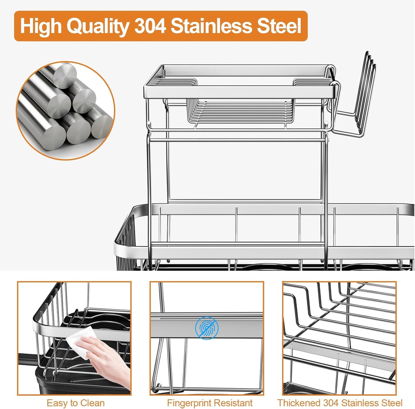 Dish Drying Rack Kitchen 2-Tier 304 Stainless Steel Dish Racks for Kitchen Counter,Dish Strainer with Adjustable Draining Tray,Drying Rack with Water Cup Hook & Cutlery Holder,Black