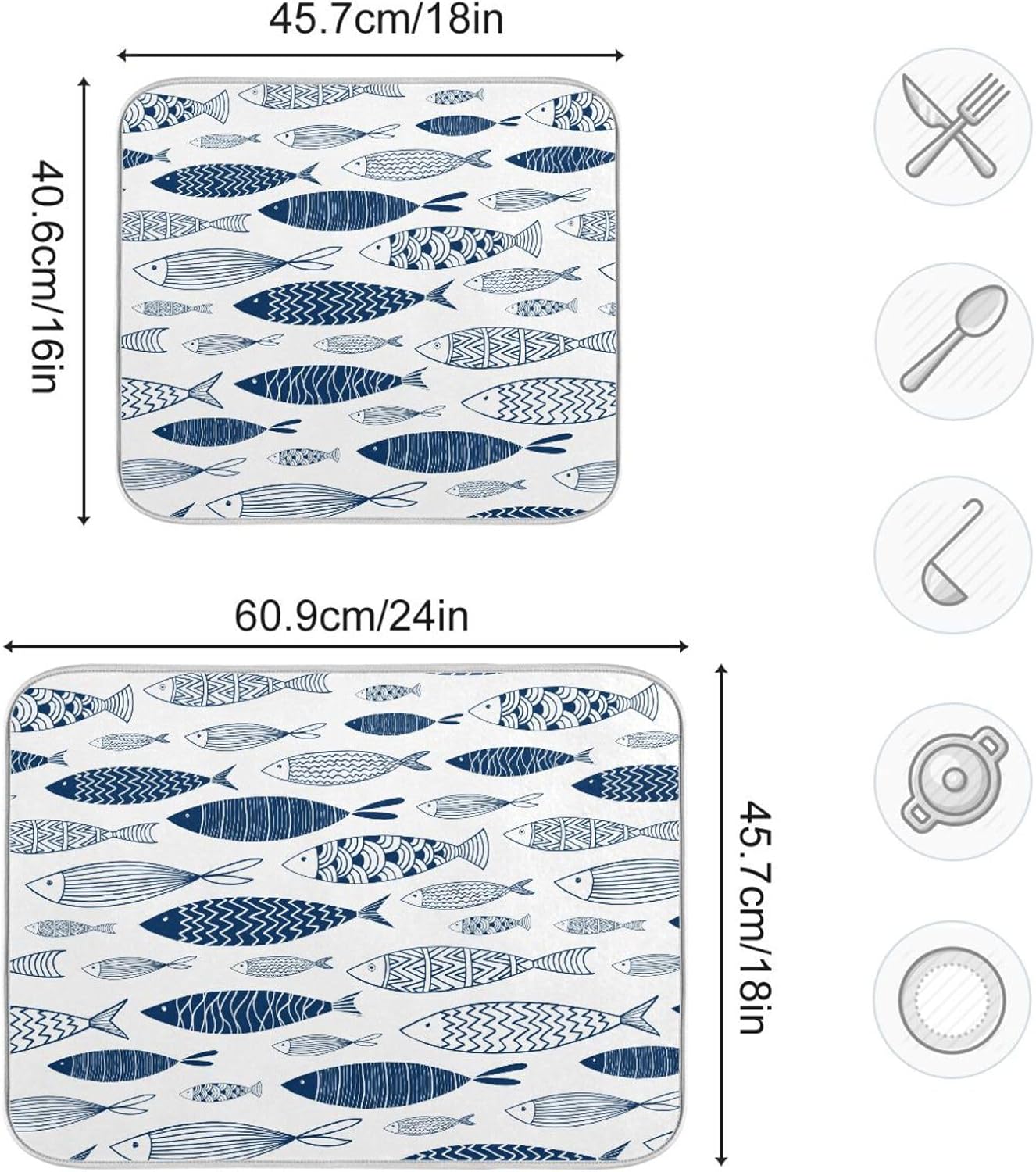 Cartoon Fish Dish Drying Mat for Kitchen Counter Absorbent Microfiber Drying Pad, Medium 16x18 in, Reversible Drainer Mats