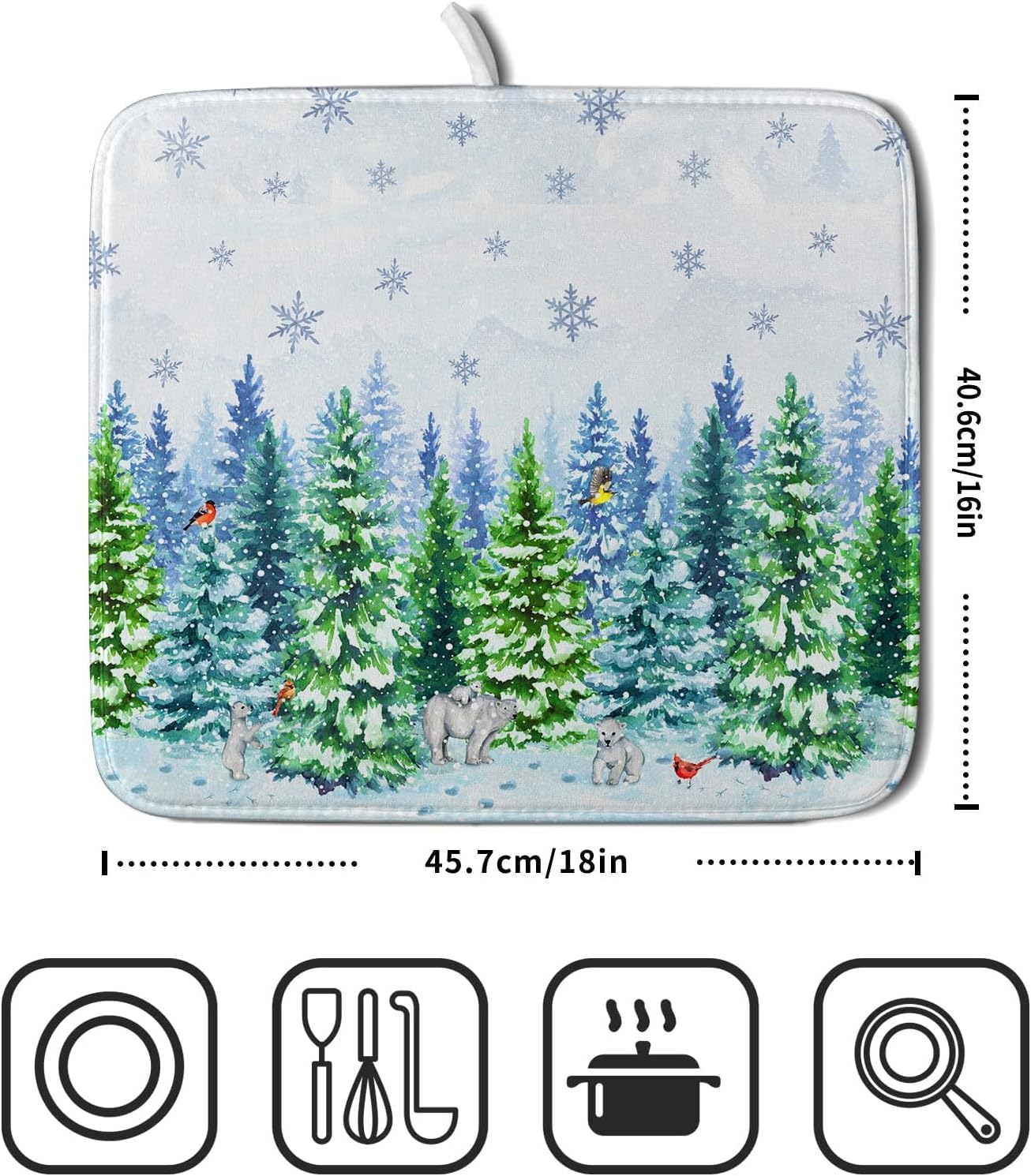 Watercolor Winter Dish Drying Pad Forest Kitchen Mat for Counter for Home Season Decor