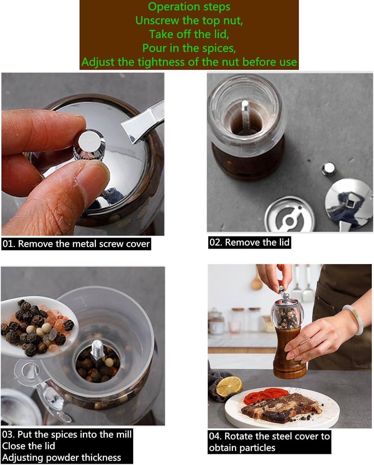 Pepper Mill Set，Manual Pepper Mills, Classical Roast Black Manual Pepper Grinder Set，Hand Shake Salt Mill，Retro Wood， Acrylic，Ceramic Blades,Enjoy Fresh Pepper Spices (Walnut color 2pcs-5in)