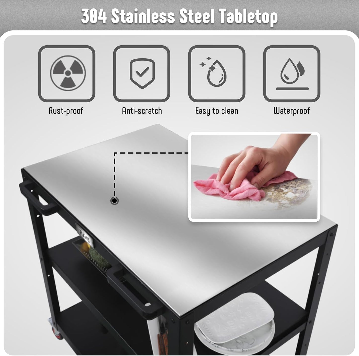 36''x 24'' Large Movable Pizza Oven Table for Outdoor, 304 Stainless Steel Grill Cart with Wheels, 3-Shelf Outdoor Kitchen Prep Table Pizza Oven Stand on Wheels for Ooni 16, Blackstone Griddle