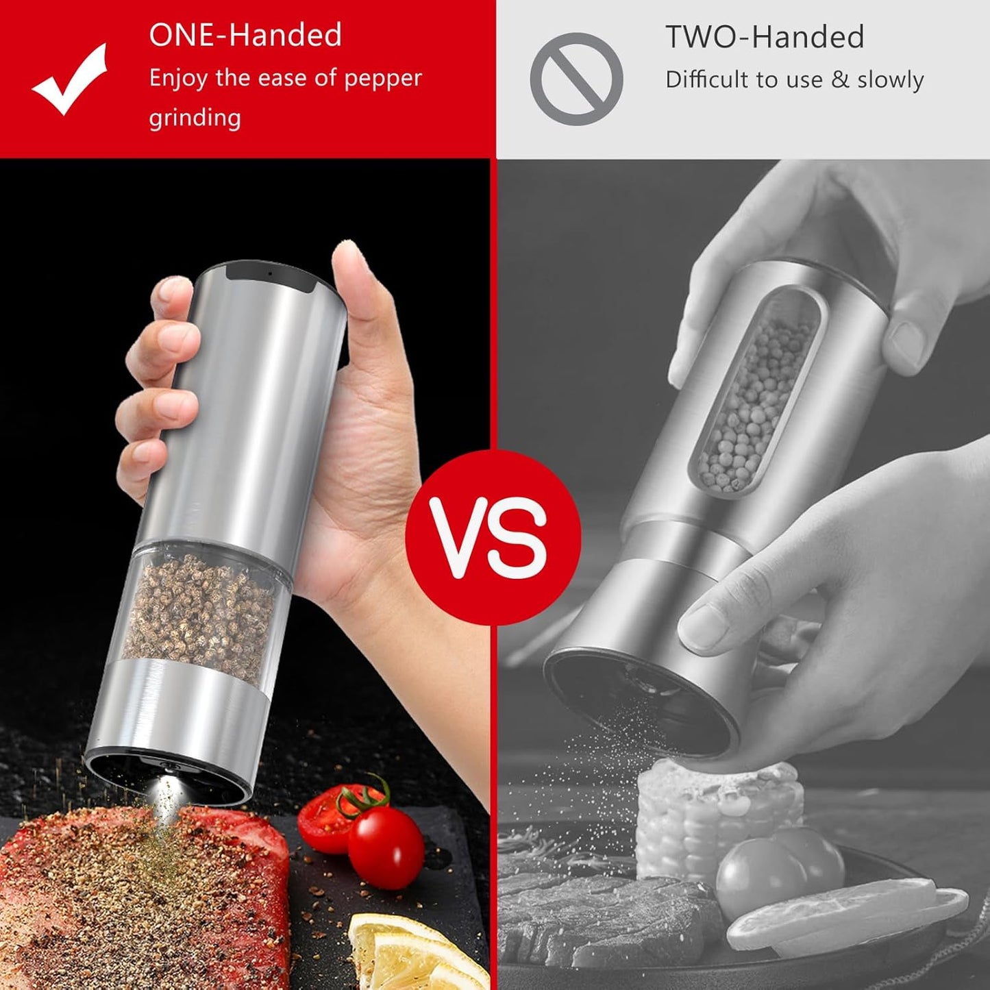 Electric Pepper Grinder, Rechargeable Automatic Pepper Mill Grinder with Led Light, One Hand Operation, Adjustable Coarseness, Stainless Steel, Refillable 70ml, Silver(1 Pack)