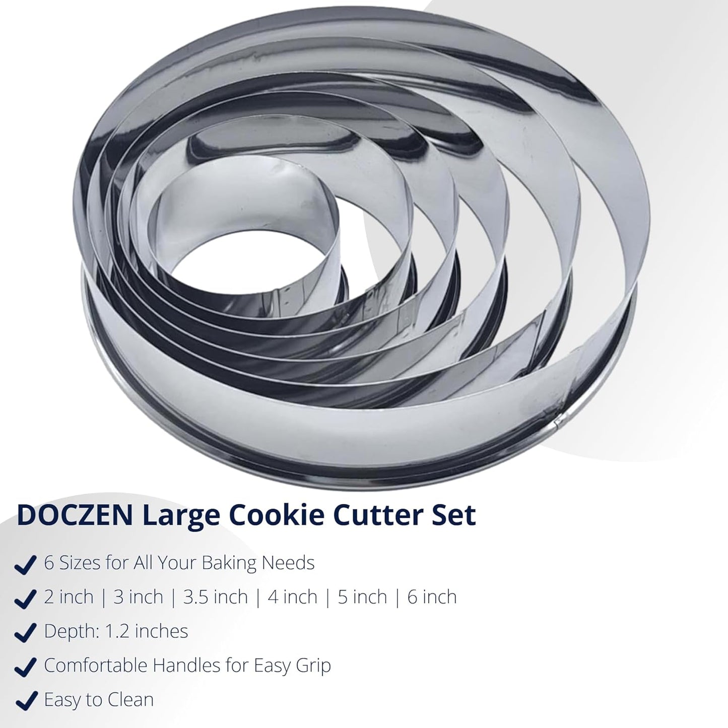 DOCZEN 6 PCS Round Cookie Cutter Set (2, 3, 3.5, 4, 5, 6 Inch) - Biscuit Cutters For Baking - Large Circle Cookie Cutters Variety Pack, Metal Stainless Steel, 6 Pack