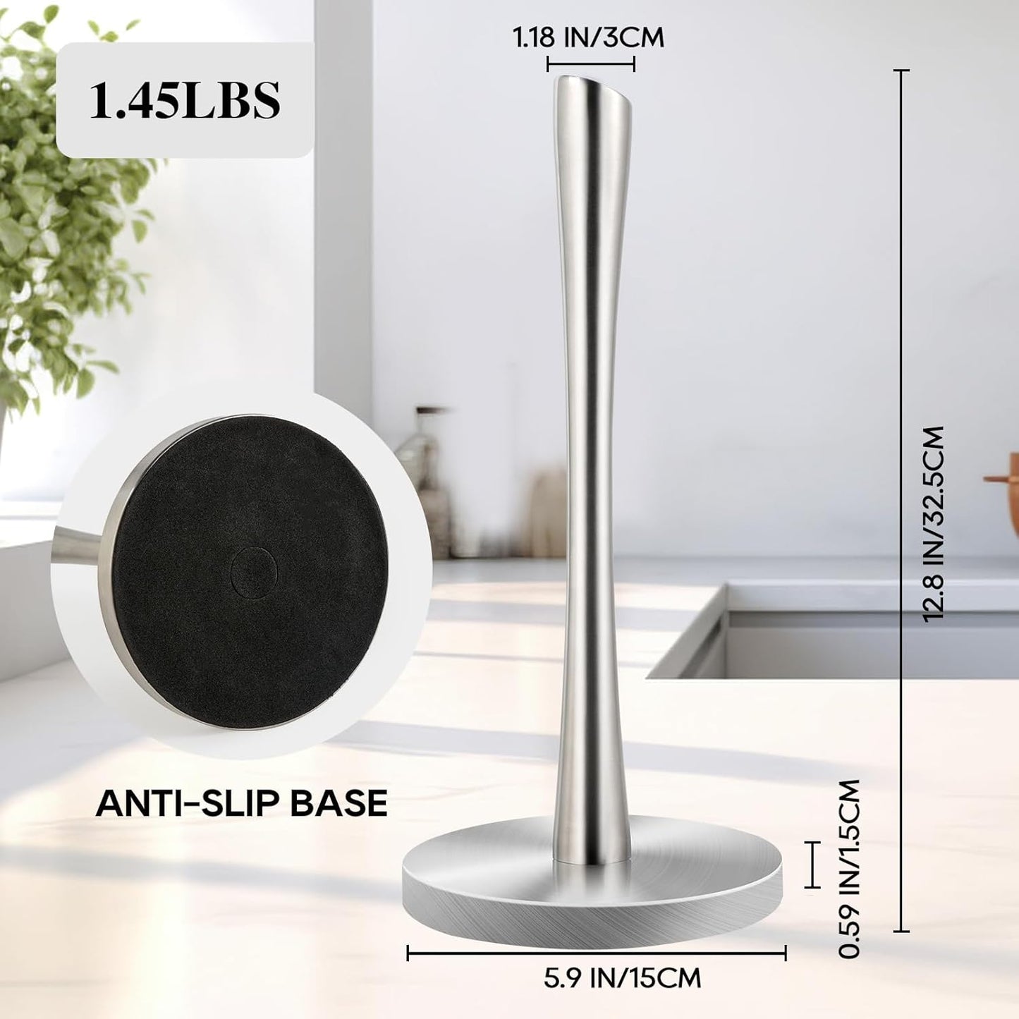 JOGREFUL Paper Towel Holder Stand, Stainless Steel Kitchen Paper Towel Countertop Stand with Streamline Body, Bathroom Organization for Family Standard Large Size Roll Paper, Sliver