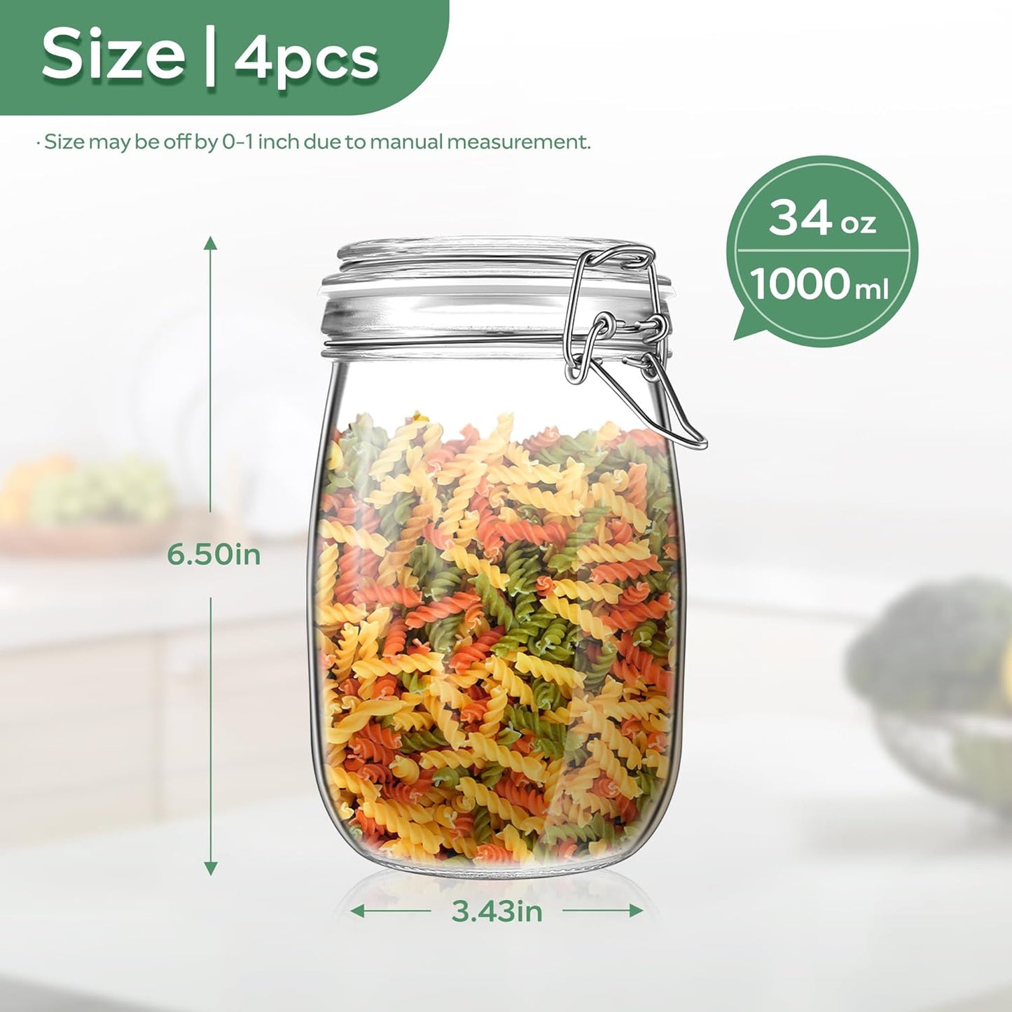 Glass Food Storage Jars with Airtight Lids 34 oz Round 4 Pack Kitchen Storage Containers Large Cabinet Canisters Sealed Pot Canning for Pasta, Cereal, Coffee, Beans, Spice