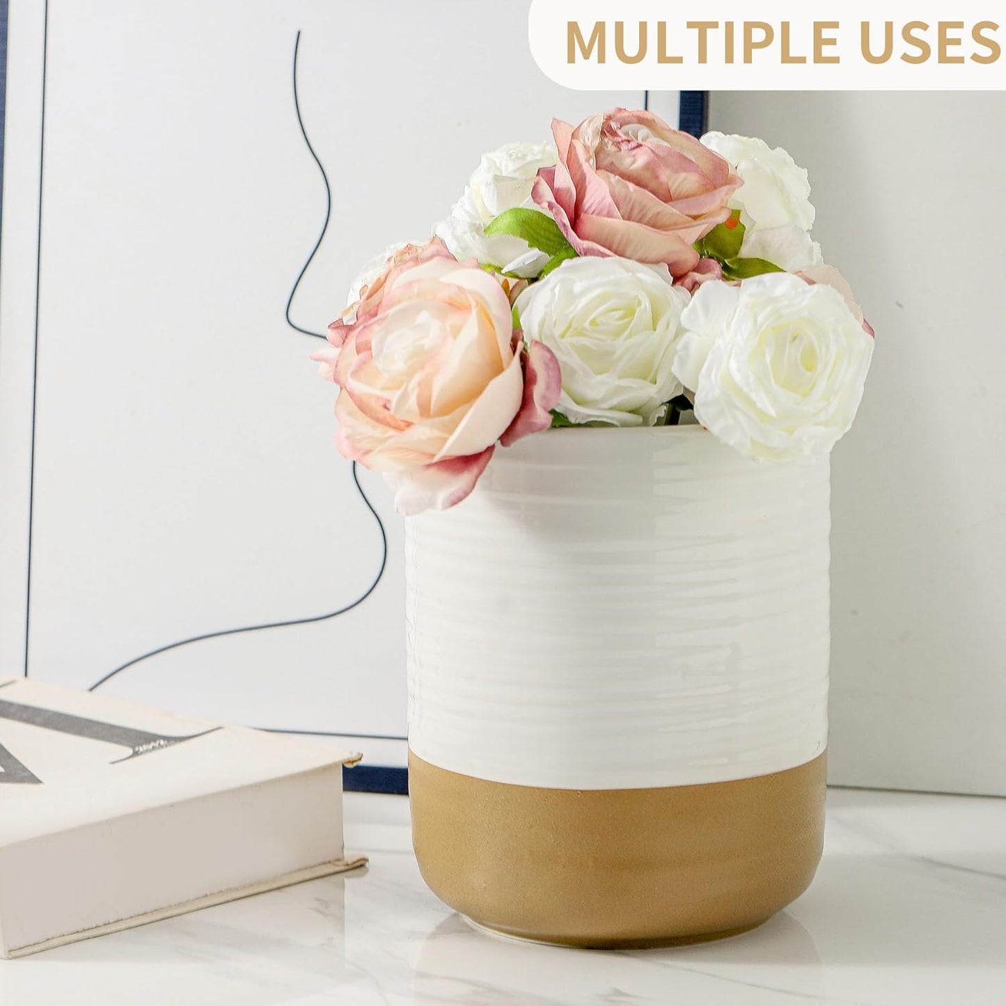 Hasense Utensil Holder, 7.4" x 6.2" Ceramic Utensil Holder for Kitchen Counter, Large Utensil Oganizer for Utensil Set, Farmhouse White Cooking Utensil Crock for Kitchen Decor