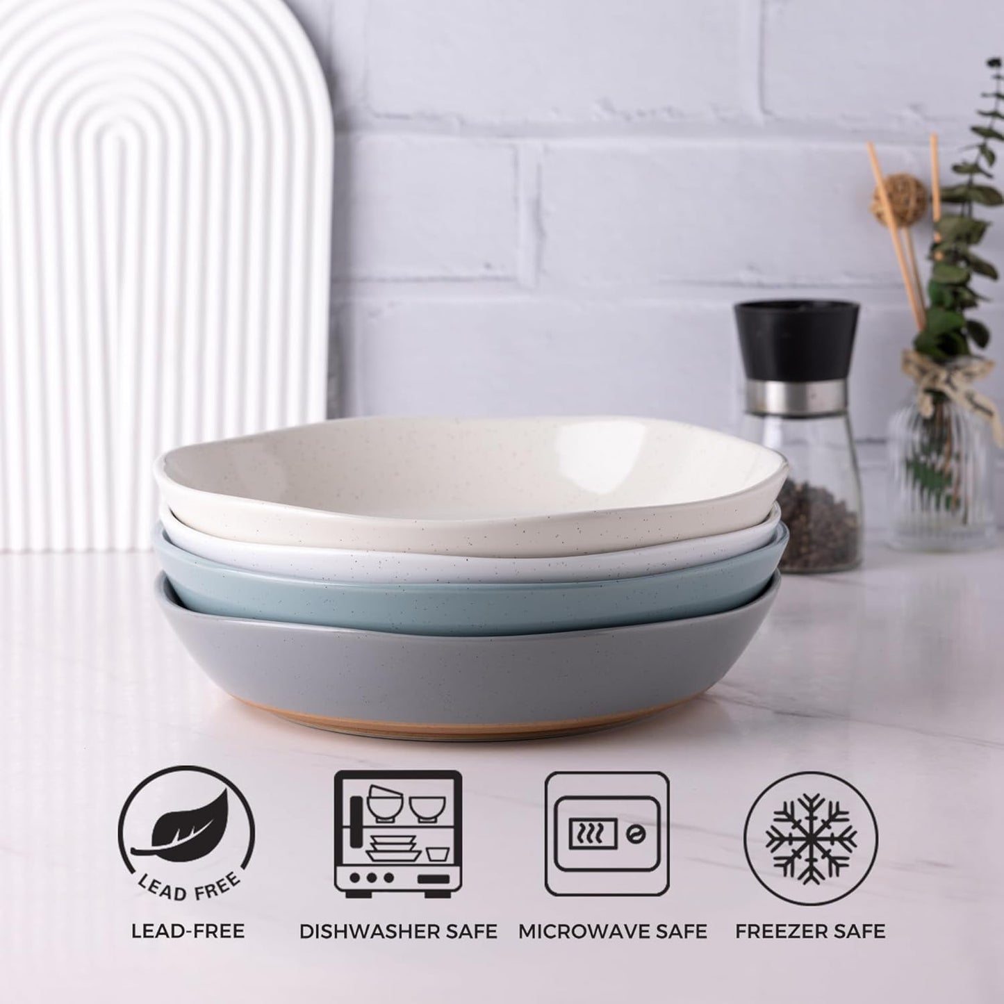 AmorArc 9.5'' Large Ceramic Pasta Bowls, 38oz Handpainted Stoneware Bowls Set of 4, Microwave&Dishwasher Safe Bowls with Wavy Rim&Rustic Terracotta Underside for Fruit Pasta Salad, Multi-Color