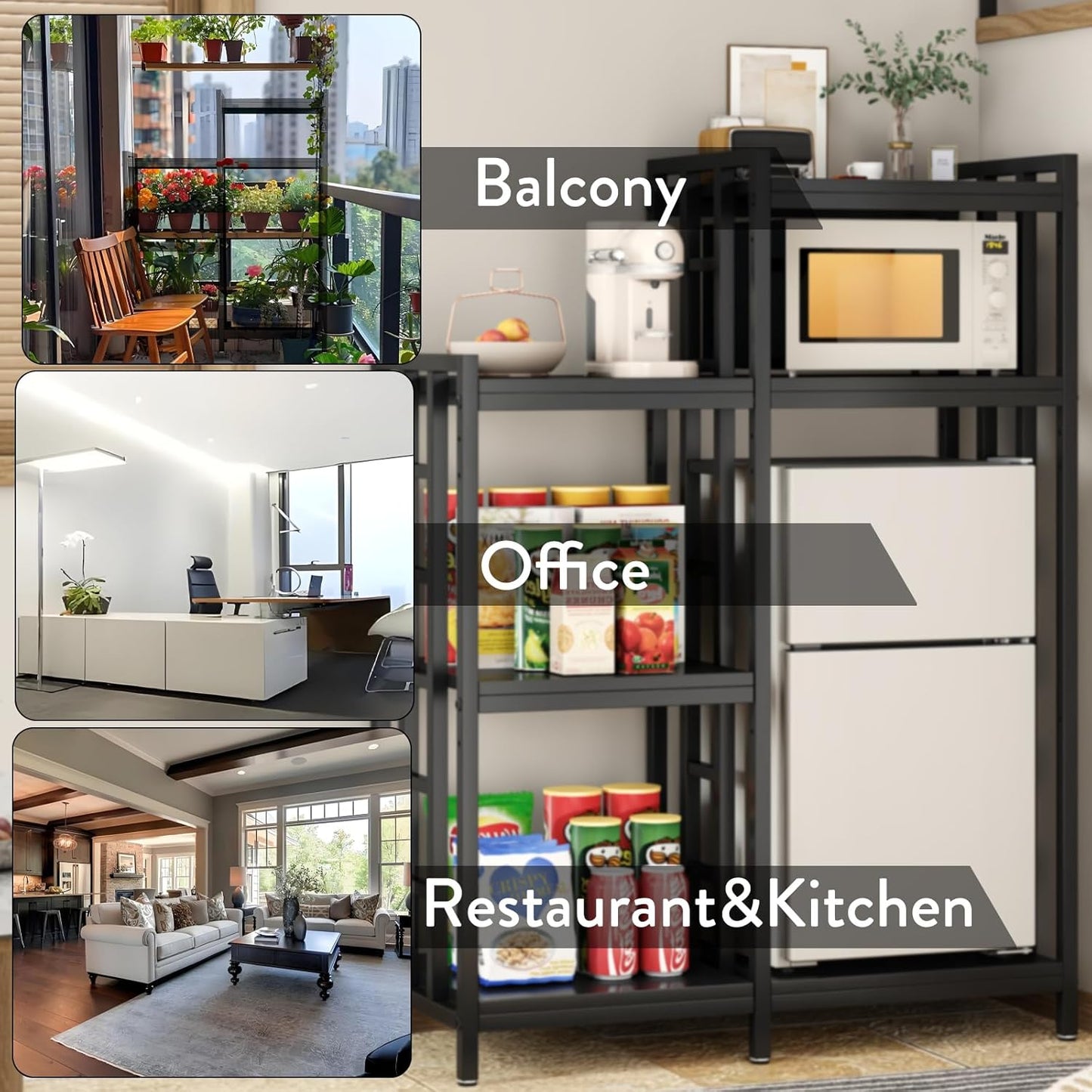 BRIGHTSHOW Kitchen Storage Shelf Bakers Rack, 6-Tier Coffee Bar Table, Kitchen Microwave & Mini Fridge Stand Shelves for Spices, Pots and Pans (52 x 40 x 17.5inch) (Black Wooden no Wheels)