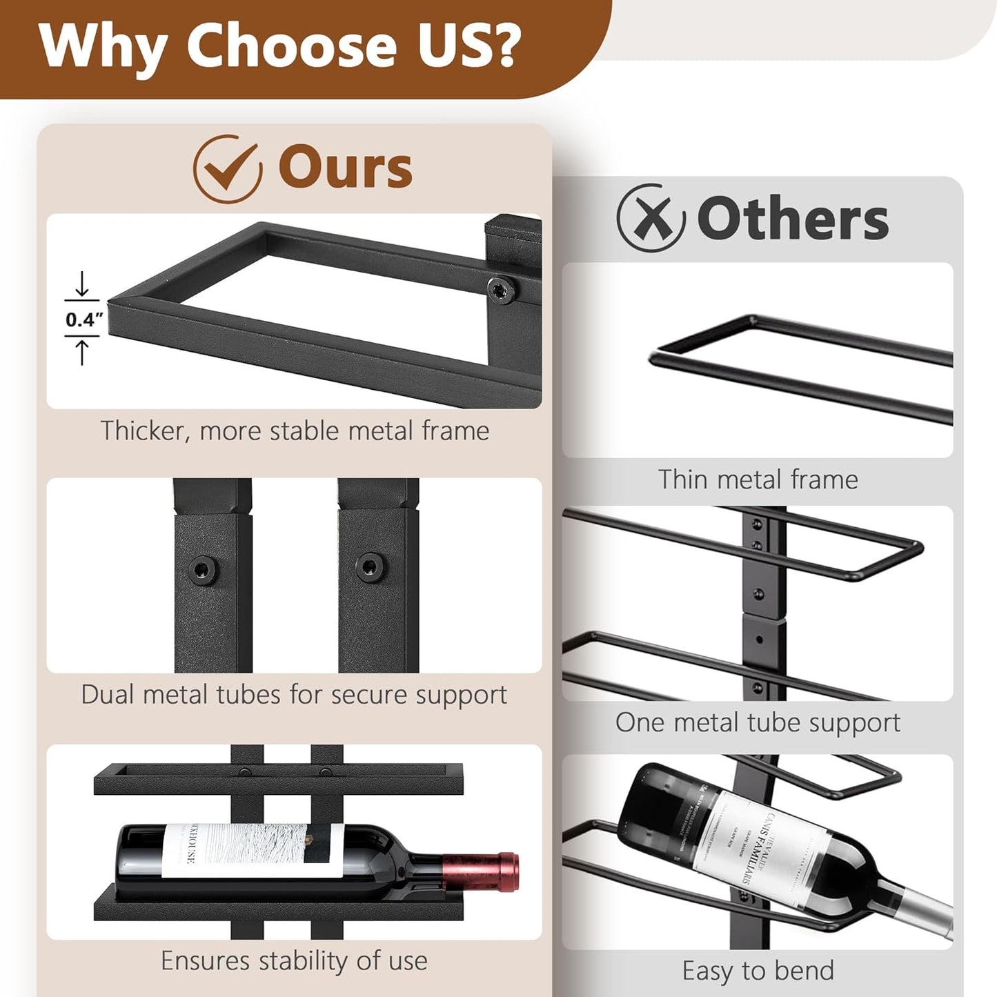 Hoctieon 2-Set 8 Tier Wall Mount Wine Rack (16 Tiers), Wall Racks for Wine Bottles Display and Storage, Hanging Bottle Organizer for Living Room, Dining Room, Wine Cellar, Bar, Black