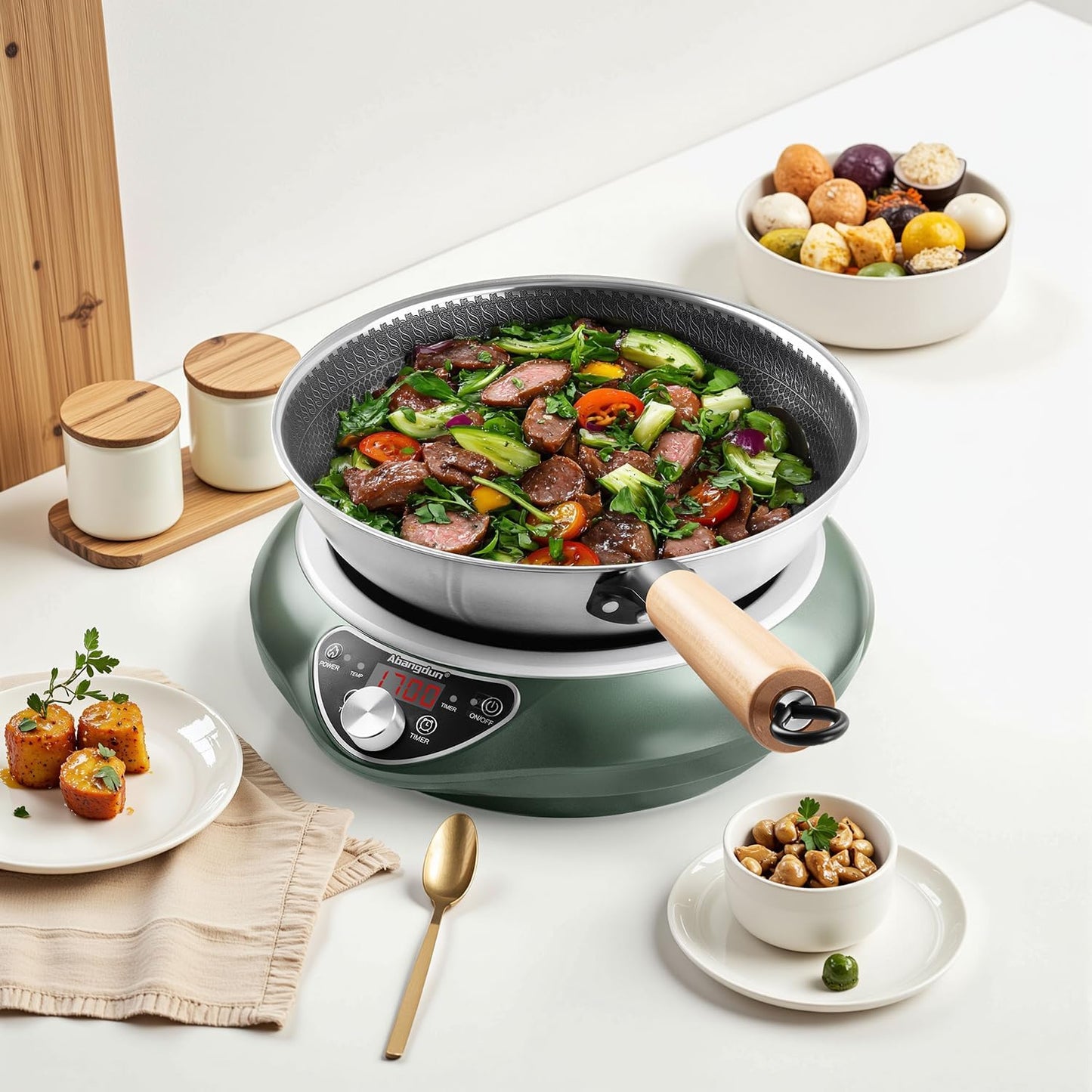 1700W/85V~120V Electric Wok Used For Home And Commercial,Induction Cooktop With Stainless Steel Pot Provide Quick Heat-up and Faster Cooking Times