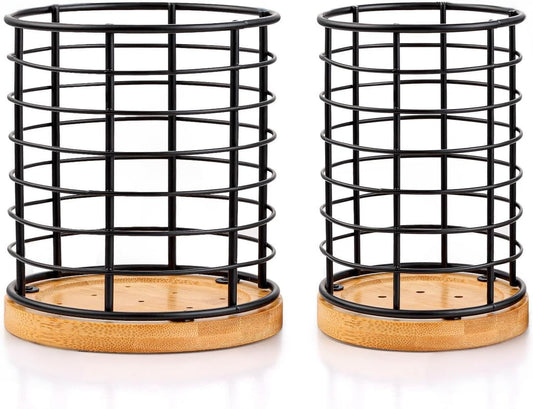2-Piece Metal Kitchen Utensil Holder Set, Black Crocks with Wooden Bases, 5.1"×5.1"×5.8" & 3.7"×3.7"×5.8" Sizes