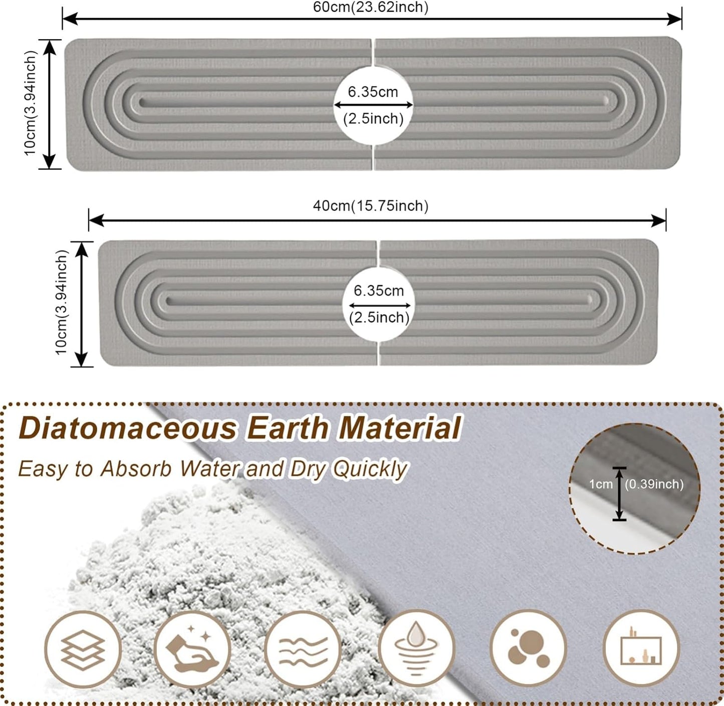 Faucet Mat for Kitchen Sink, Diatomite Super Absorbent Fast Drying Stone Sink Tray for Bathroom Kitchen Sink Splash Guard(Square Grey,15.7x3.9in)