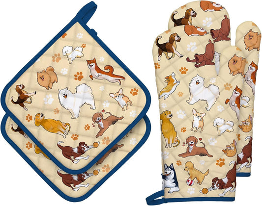 Dogs Oven Mitts and Pot Holders Sets 4Pcs, 100% Cotton Heat Resistant, Extra Long Oven Gloves Potholder for Kitchen Cooking Baking Housewarming