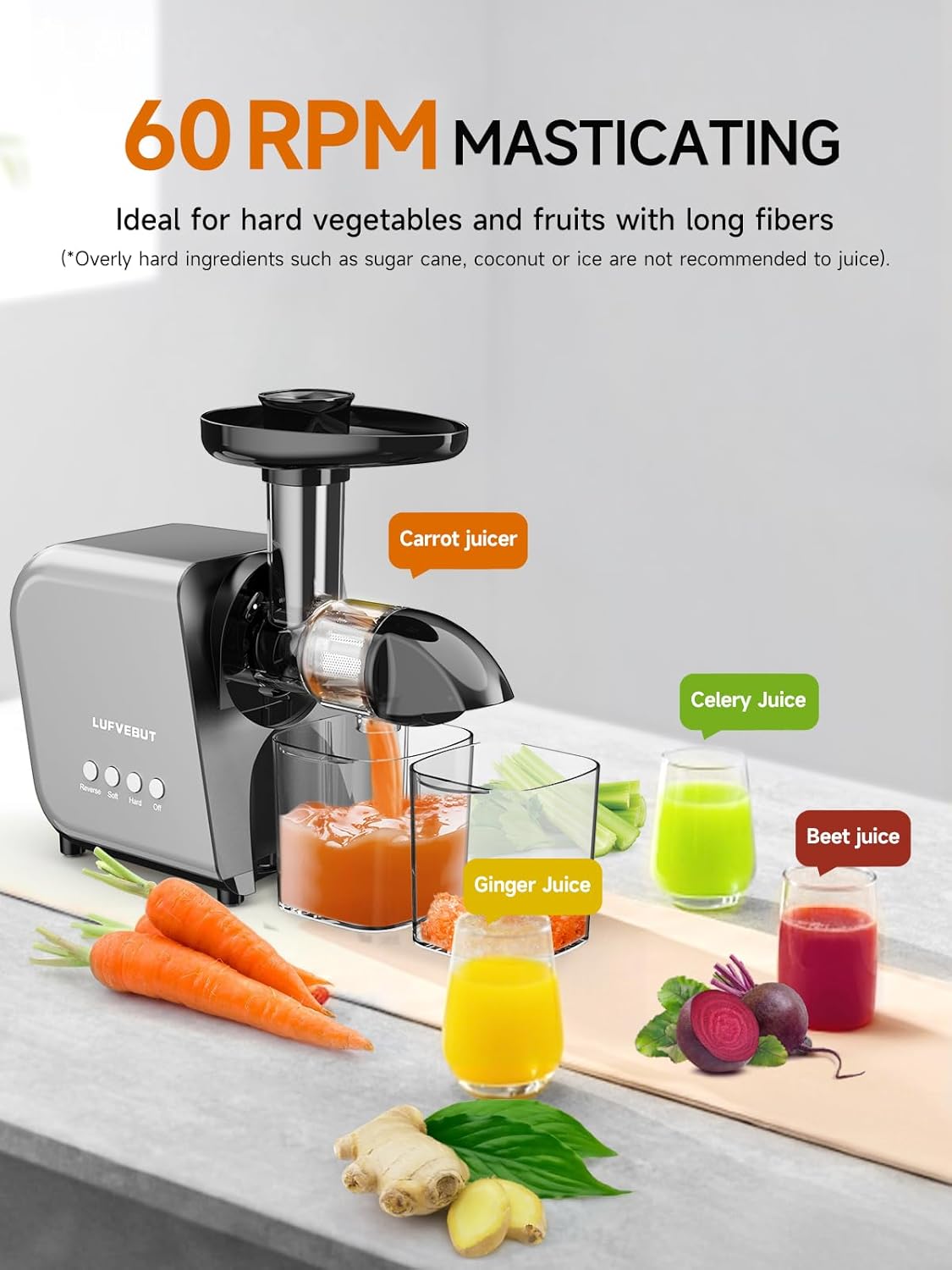 Celery Juicer Machine with Reverse Function, Cold Press Slow Masticating Juicer for Soft & Hard Vegetable Fruit Carrot Ginger Orange Juicer 250W High Power & High Juice Yield, Easy to Clean, BPA-Free