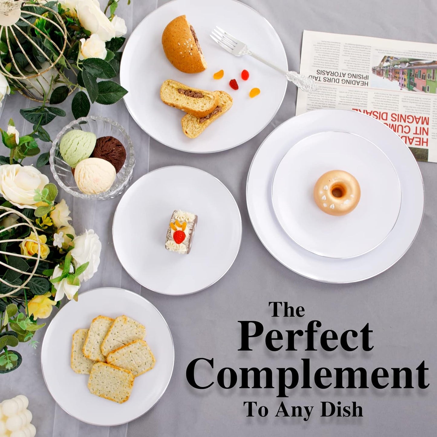 KIRE 100PCS Silver Plastic Plates - Heavy Duty White Disposable Plates with Silver Rim for Party/Wedding - Include 50Pcs 10.25inch Dinner Plates and 50Pcs 7.5inch Dessert Plates