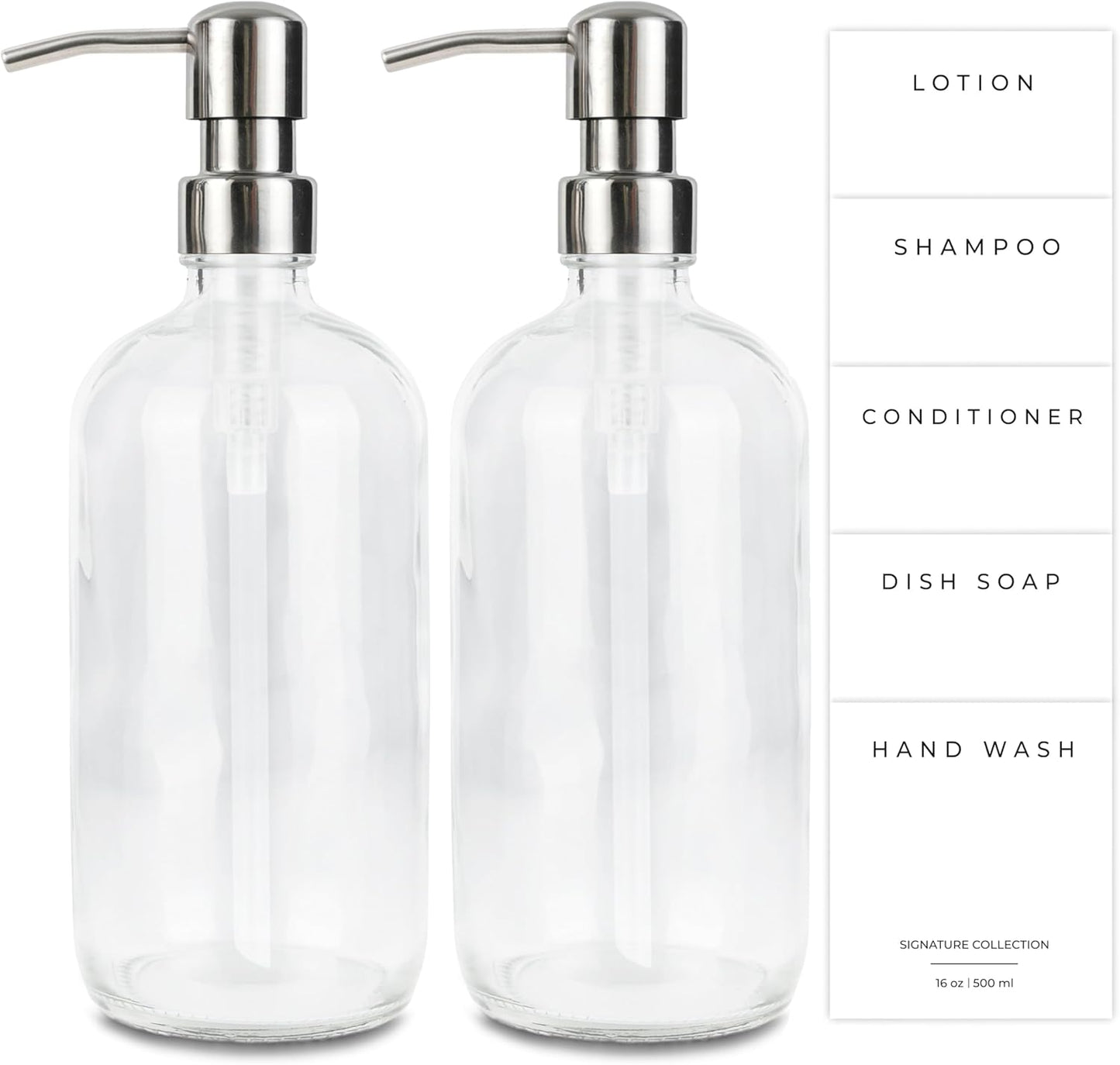 Emerson Essentials Glass Soap Bottle Dispensers, 2 Pack, Stainless-Steel Pumps Rust-Free, Hand Set for Bathroom Kitchen Sink, Liquid Lotion Shampoo Jars with 4 Waterproof Labels, 16 Oz Chrome