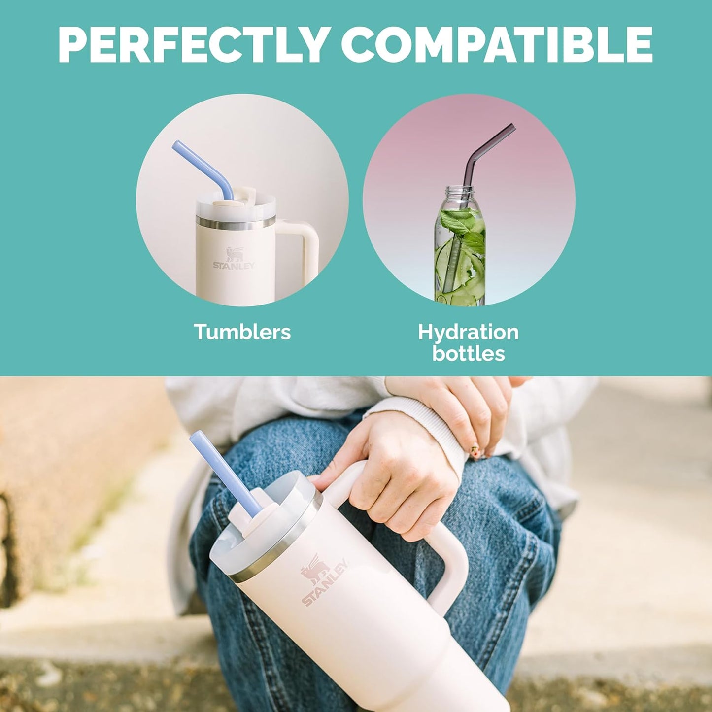 Simply Straws 12 Inch Glass Straws Bent (6-Pack) – Reusable Glass Straws for Stanley 40 Oz Tumbler, with Cleaning Brush – Durable, Dishwasher Safe, Hot & Cold Use, BPA-Free (Iridium)