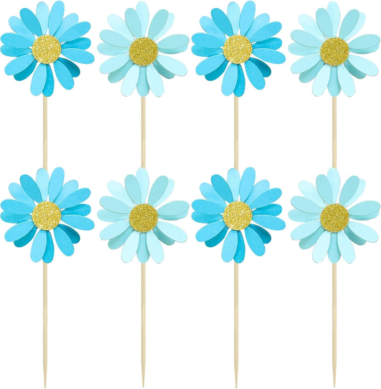 Ephlyn 24Pcs Daisy Cupcake Toppers Flower Cake Topper Decorations Daisy Cake Decorations Chrysanthemum Cupcake Toppers Spring Daisy Flower Cake Picks for Birthday Wedding Supplies Blue