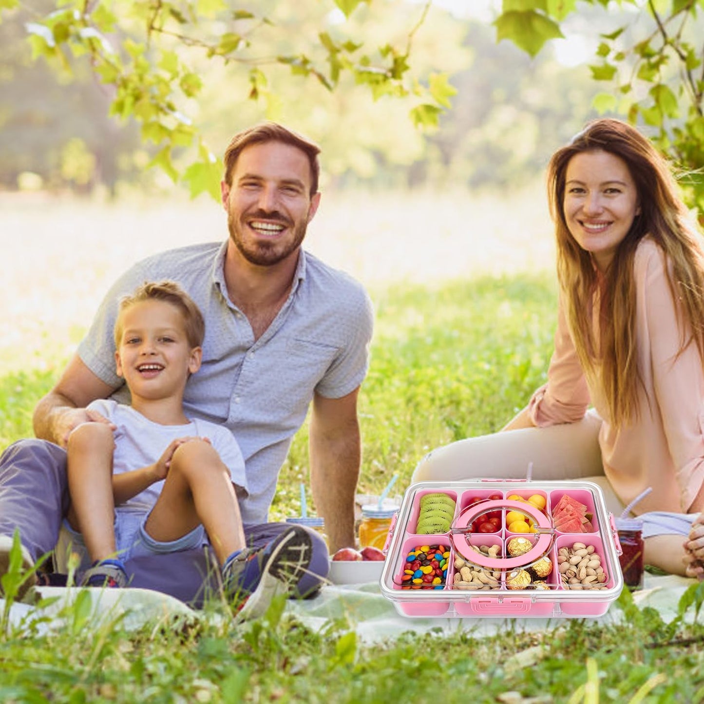 Divided Serving Tray with Lid and Handle, 8 Compartments Snack Box, Portable Platter for Candy Fruits Nuts, Snack Party Entertaining Picnic