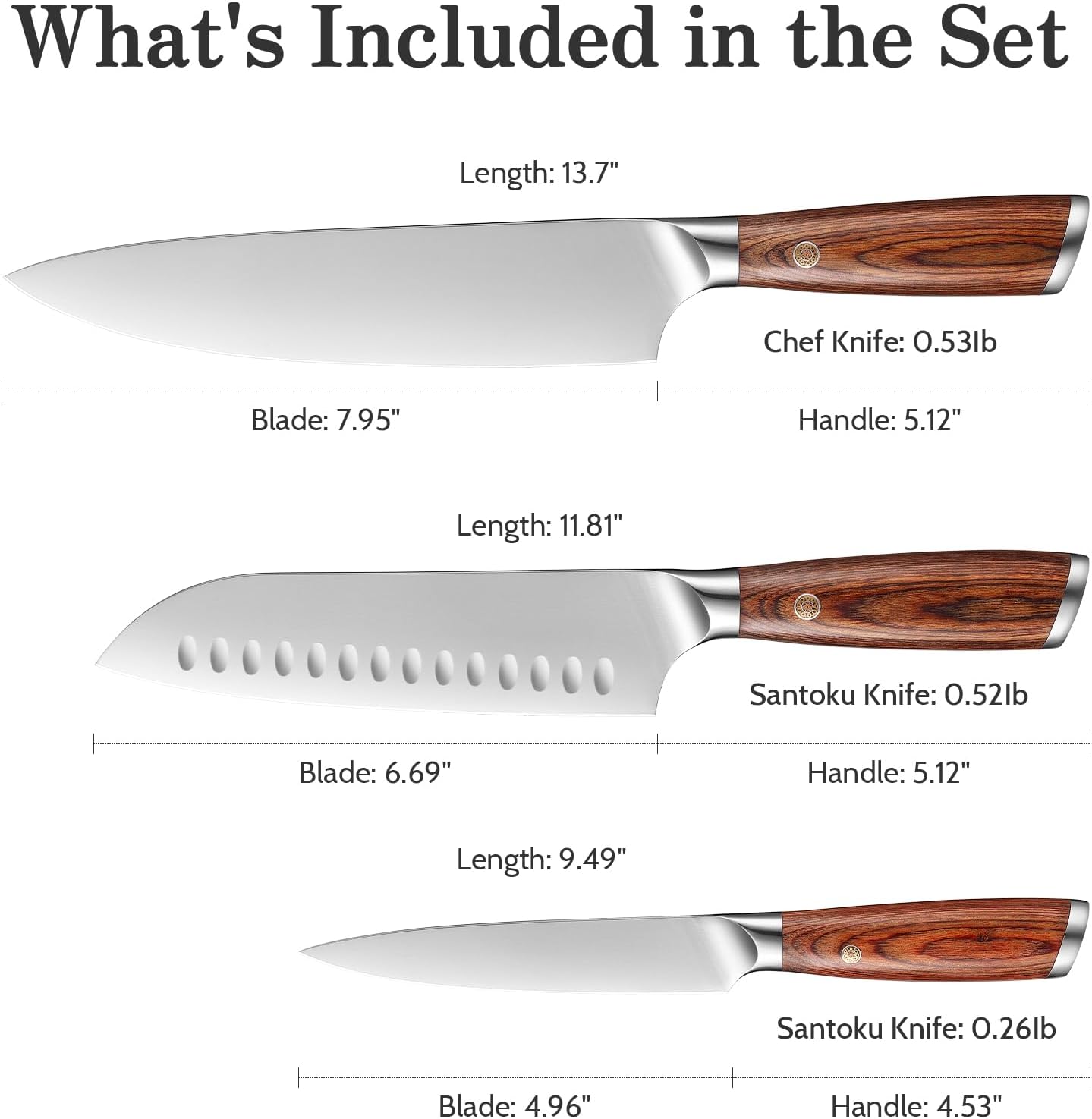 Kitchen Knife Set, 3 Pieces Japanese High Carbon Stainless Steel Chef Cooking Knife Set, Ultra Sharp Professional Chef Santoku Utility Knives (Silver)