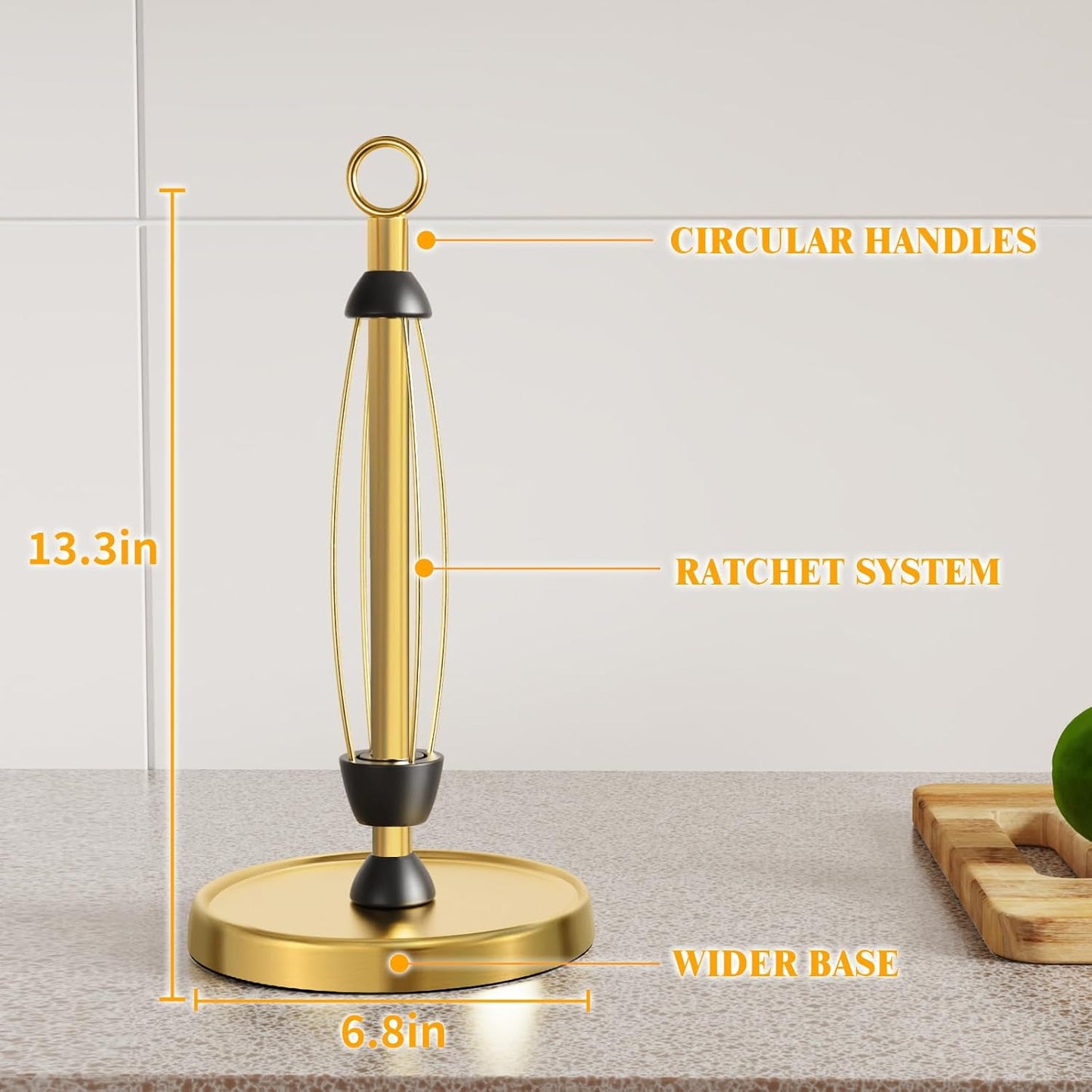 Gold Paper Towel Holder Countertop, Gold Kitchen Accessories Decor, One-Handed Tear, Stainless Steel, Weighted Base, Ring Paper Towel Holder Stand with Ratchet System for Kitchen Farmhouse Essentials