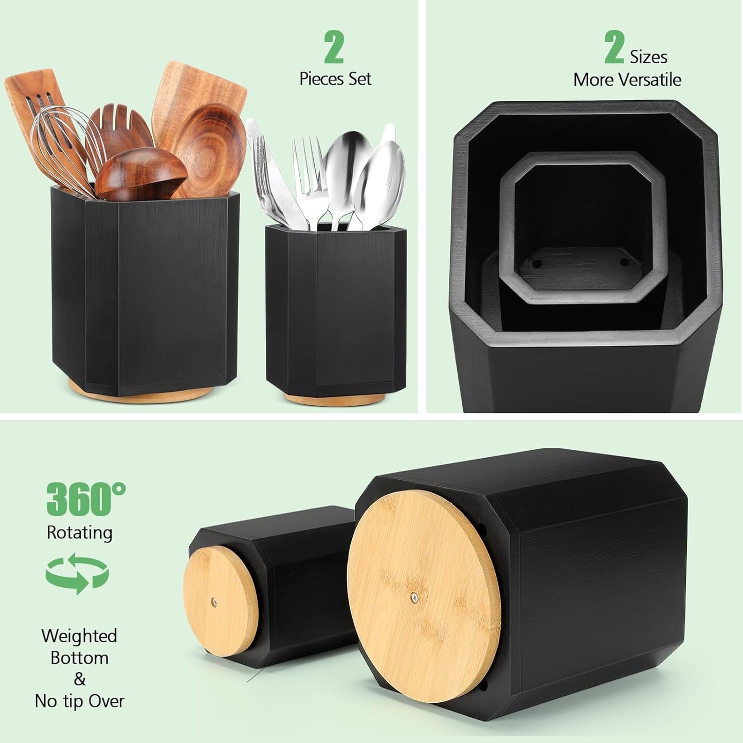 2 Pack Wooden Utensil Holder, 360°Rotating Kitchen Cooking Utensil Crock, Spoon Spatula Holder for Kitchen Counter, Farmhouse Countertop Organizer(Black,Square)