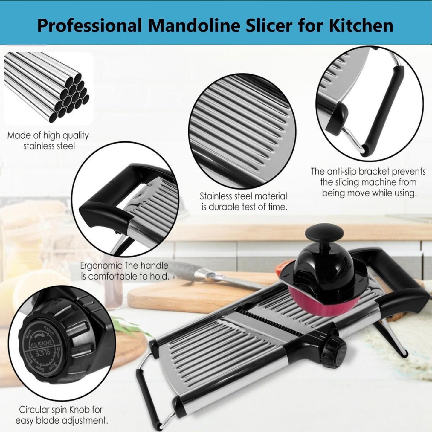 Adjustable Mandoline Slicer for Vegetables, Fruits, Stainless Steel with Cut-Resistant Gloves, Black/Silver