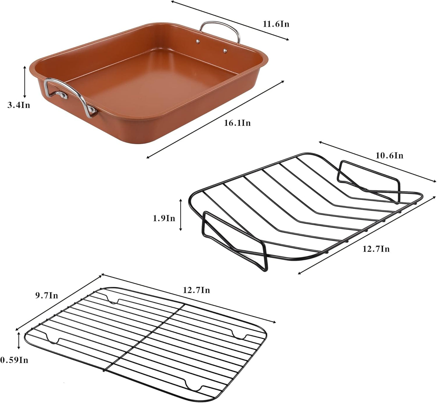 KitCom Nonstick Roasting Pan, Roaster with Cooling Rack and V-Rack - 16 Inch Rectangular Turkey Roaster Lasagna Pan for Easter, Thanksgiving & Christmas, Dishwasher Safe, Bronze