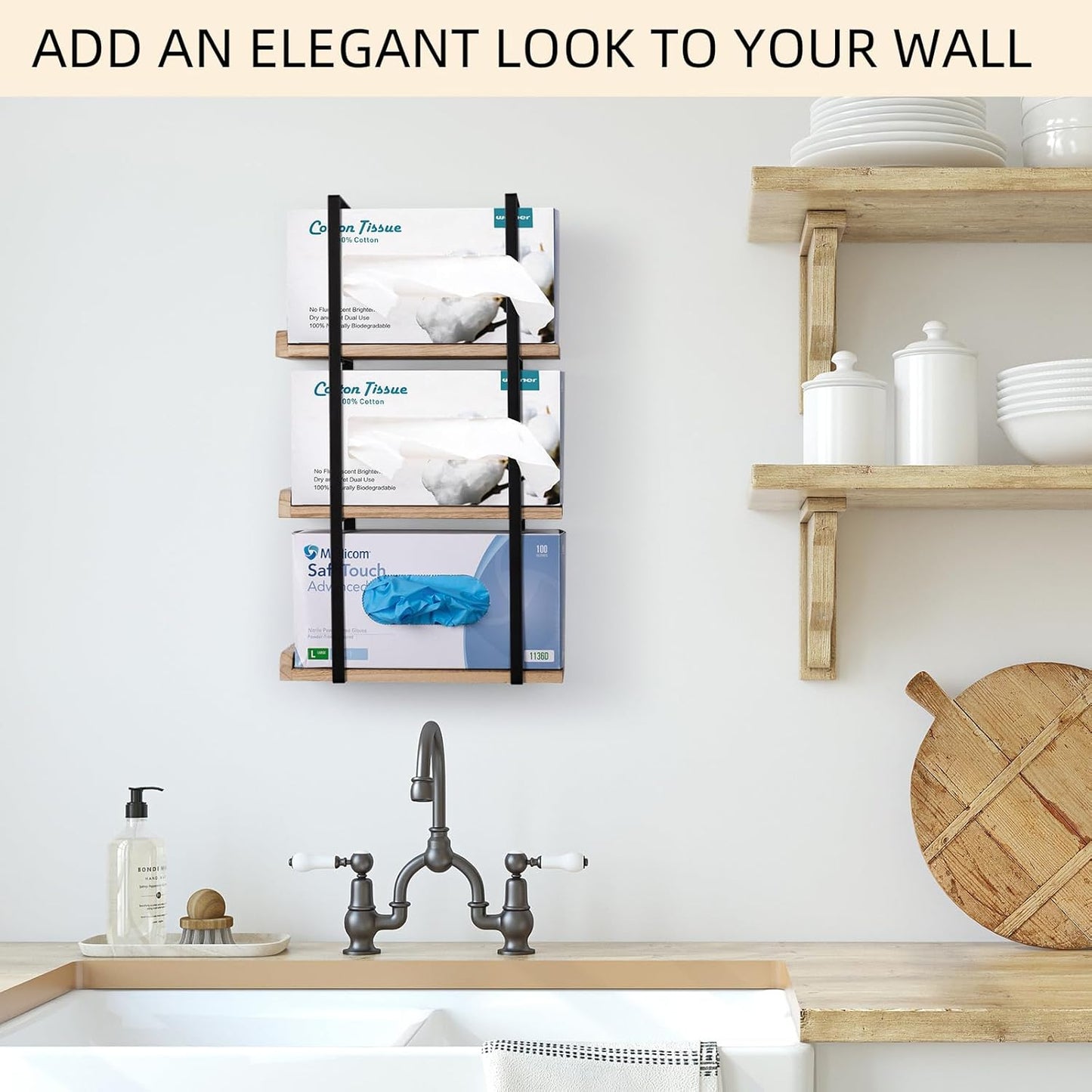 Glove Holder Dispenser for Wall Mount Wooden Metal Disposable Latex Glove Box Holder for Home Office, Lab and Garage, Tissue Wire Rack Wall-mounted for Kitchen Organizer Decor