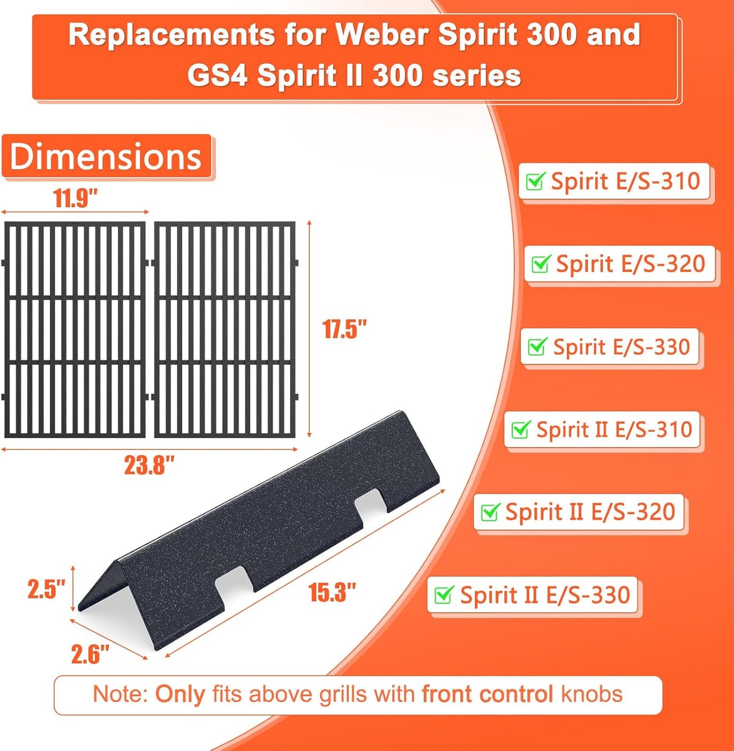 15.3" Flavorizer Bars & 17.5" Grill Grates for Weber Spirit Grill Parts, Spirit 300 Series (Front Control), Spirit II E/S-310 Gas Grills, Spirit Grill Replacement Parts for Weber GS4 Spirit 7638 7636