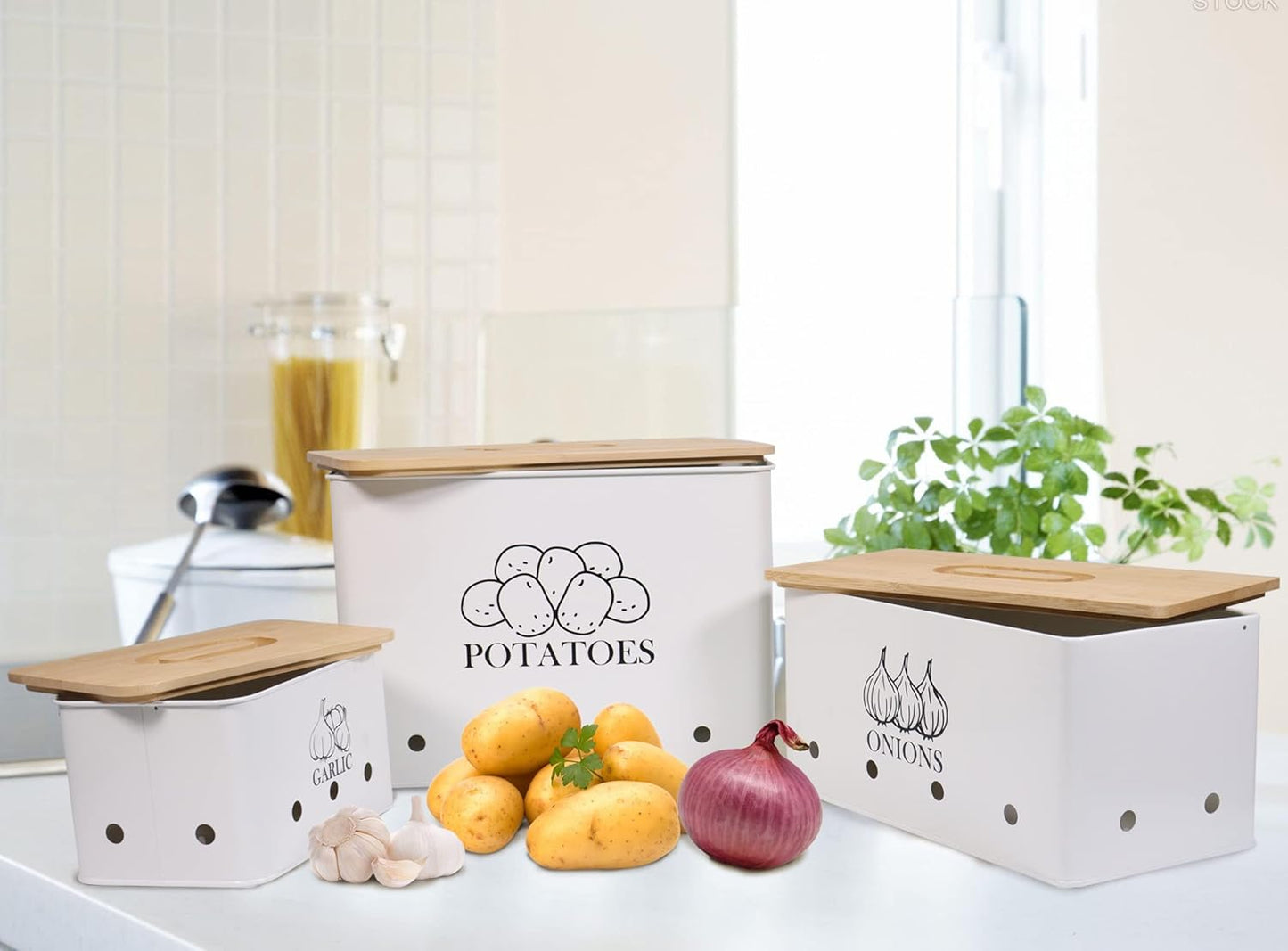 Kitchen Vegetable Storage Tins Set of 3 for Potato Onion & Garlic with Wooden Lid, Kitchen Storage Canisters Set, Long Shelf Life - White