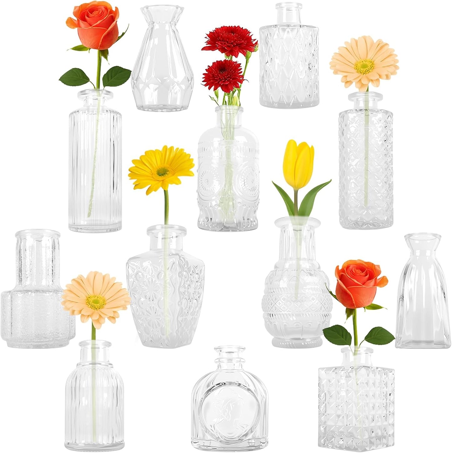 Glass Bud Vase Set of 12 Pcs, Small Clear Bud Vases for Flowers, Vintage Vases for Centerpiece Table Wedding Decorations Home Decor Glass Bottles for Birthday Party Anniversary