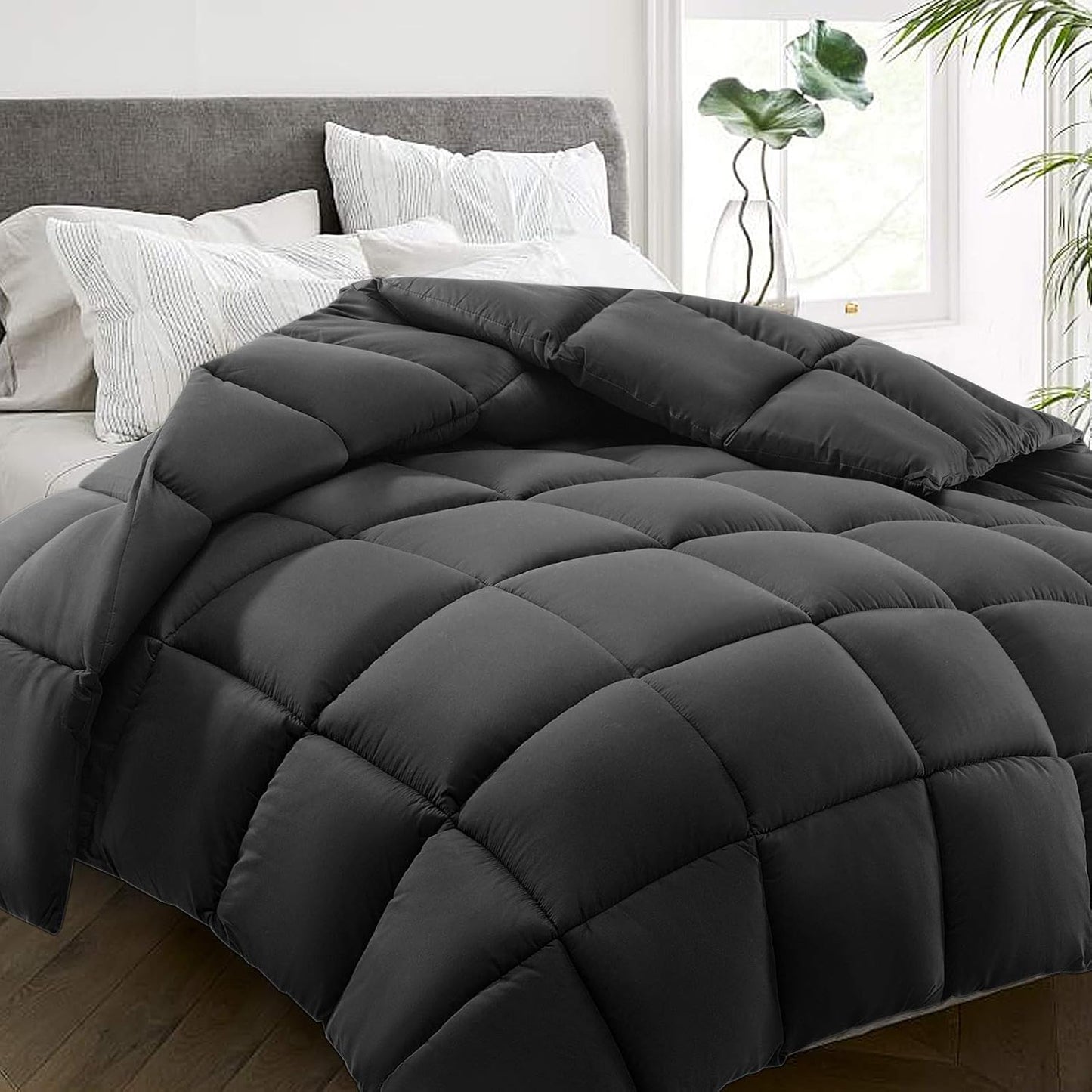 HYLEORY All Season California King Size Bed Comforter - Cooling Down Alternative Quilted Duvet Insert with Corner Tabs - Winter Warm - Machine Washable - Grey, 96 x 104 Inch