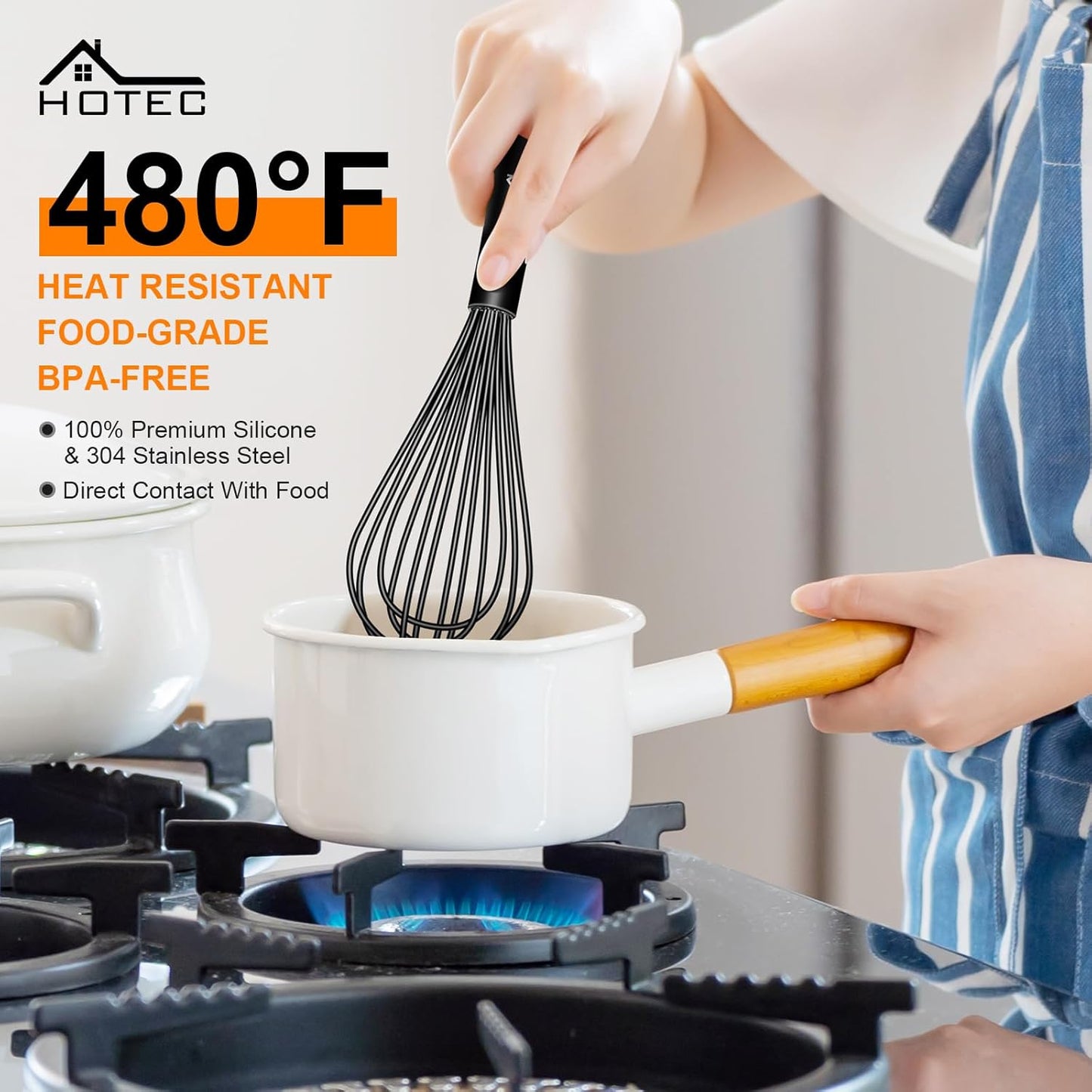 HOTEC 4 Pieces Silicone Whisks Set, Wire Balloon Whisks Egg Beater, Non-slip Handle Whisk for Non-stick Cookware Perfect for Cooking, Stirring, Beating and Blending (Black)