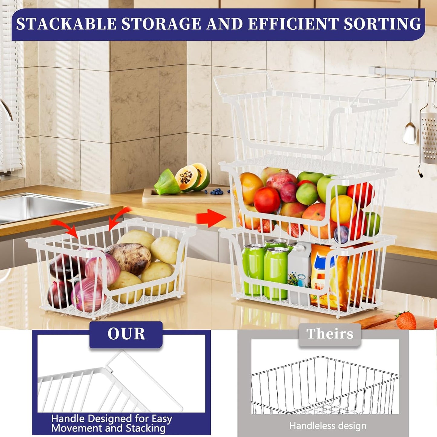 Enhanced Leak-Proof Bottom Stackable Wire Baskets, 6 Pack Pantry Organizers and Storage, pantry storage，Shelf Baskets, Fruit Basket, Potato and Onion Storage Bins，(White)