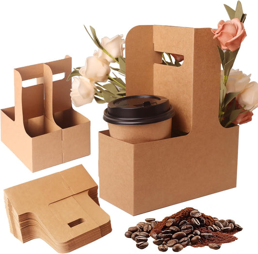 100 Pack 2-Cup/4-Cup Drink Carrier with Handle (12-30oz) | Disposable Paperboard Cup Holder | Foldable Beverage Tray for Hot/Cold Drinks, Coffee to Go, Delivery & Takeout
