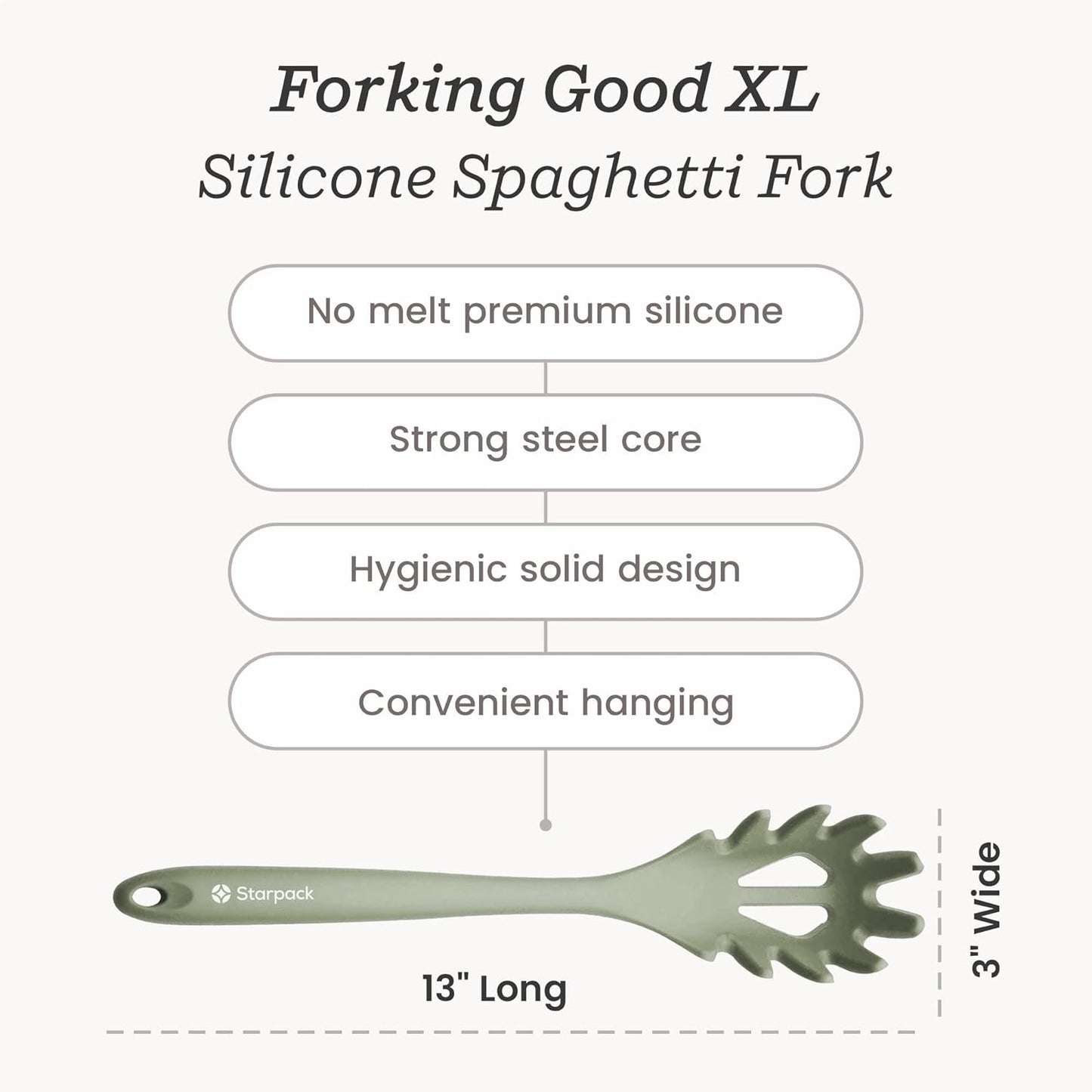 Starpack 'Forking Good' XL Premium Silicone Pasta Fork (13.5") - Spaghetti Spoon High Heat Resistant to 600°F - Silicone Pasta Spoon Strainer - Pasta Server Spoon with Teeth - Pasta Server Utensil