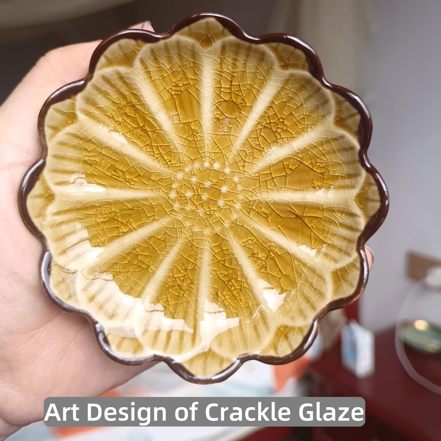 Ceramic Spoon Rest for Stove Top, Flower Cute Spoon Rest for Kitchen Counter, Cooking Spoon Holder for Kitchen Counter, Utensil Rest Spatula Rest Ladle Holder Tong Rest, 1 PC (Ice Cracks, Fall yellow)