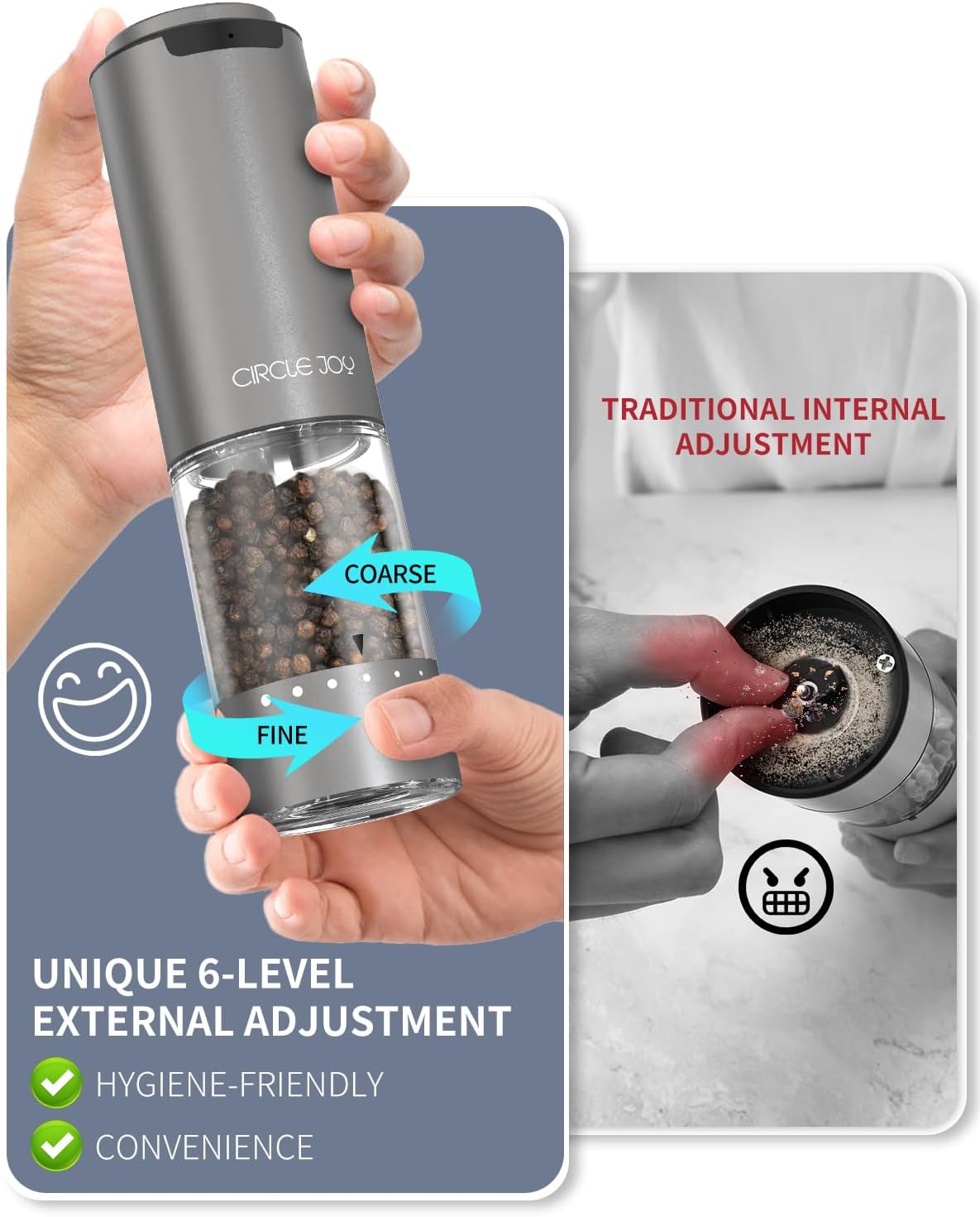 CIRCLE JOY Rechargeable Electric Salt and Pepper Grinder Set with Base, Aluminum Alloy Pepper Mills with 95ml Container, White LED Light and External Adjustable Coarseness, Space Grey