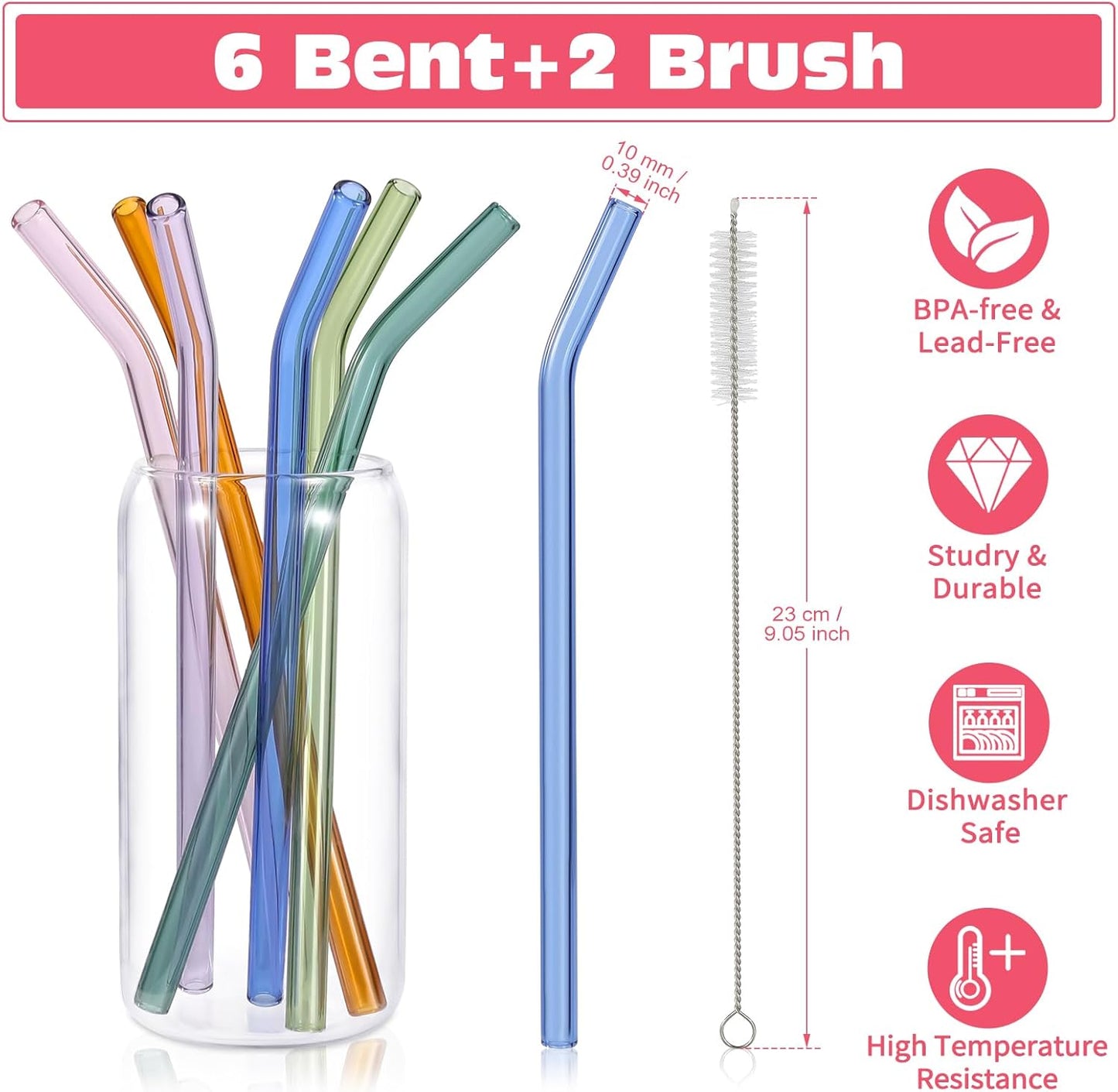 6 Pcs Reusable Bent Glass Drinking Straws,9''x10 mm Colorful Glass Straws for Beverages, Shakes, Milk Tea, Juices,Set of 6 Bent with 2 Cleaning Brushes -Shatter Resistant