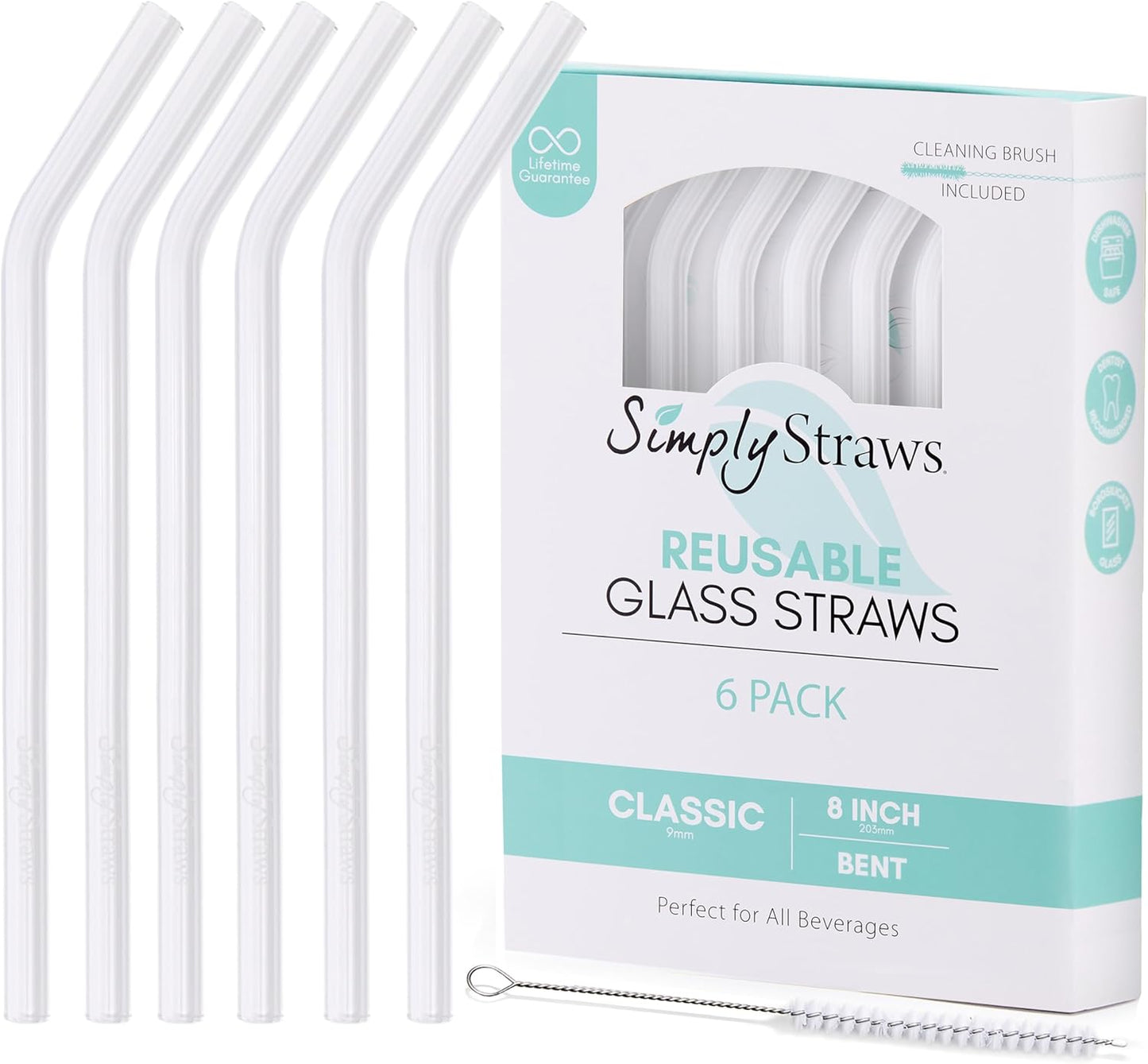 Simply Straws 8 Inch Glass Straws Bent (6-Pack) – Reusable Glass Straws for Pints & Juice Drinkware, with Cleaning Brush – Dishwasher Safe, Hot & Cold Use, BPA-Free (Air)