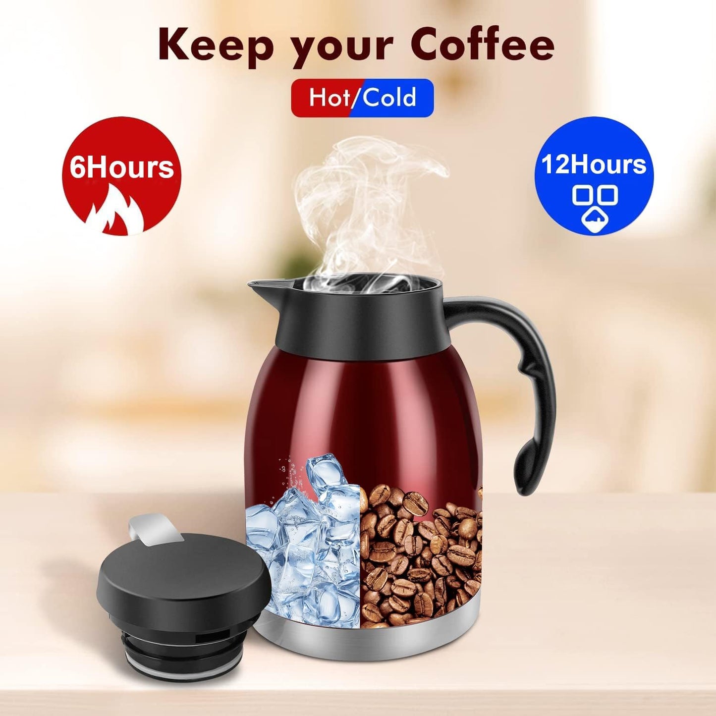 54oz Thermal Coffee Carafe, Stainless Steel Insulated Thermal, Double Wall Vacuum Flask, Small Coffee Carafe for Keeping Hot or Cold Drinks, Coffee, Tea (Bright Red)