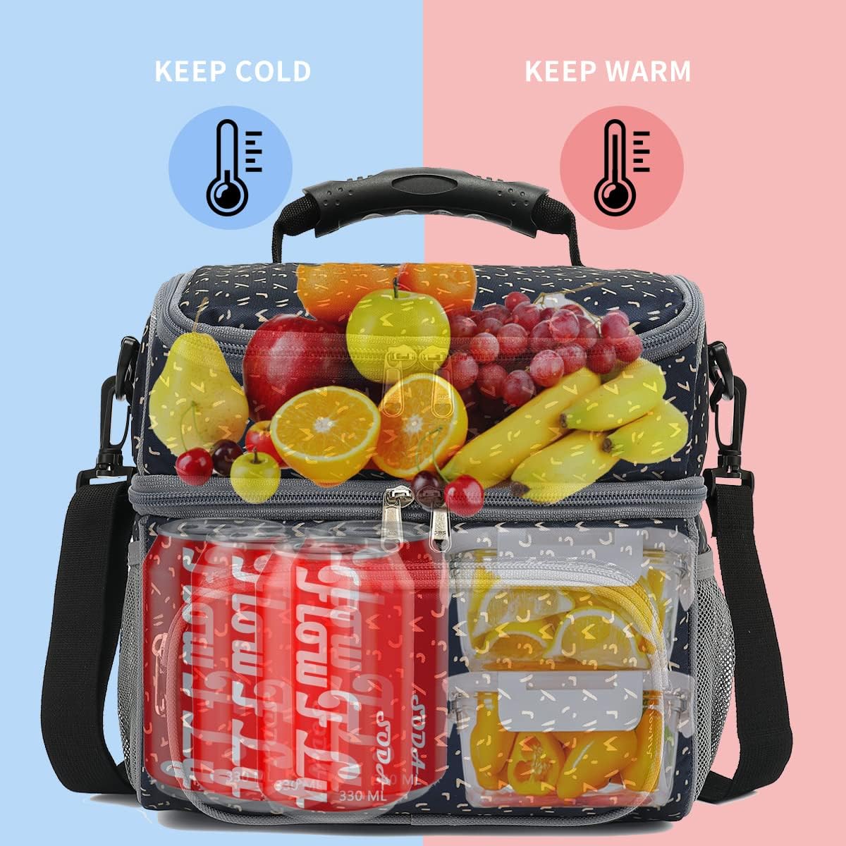 FlowFly Double Layer Cooler Insulated Lunch Bag Adult Lunch Box Large Tote Bag for Men, Women, With Adjustable Strap,Front Pocket and Dual Large Mesh Side Pockets