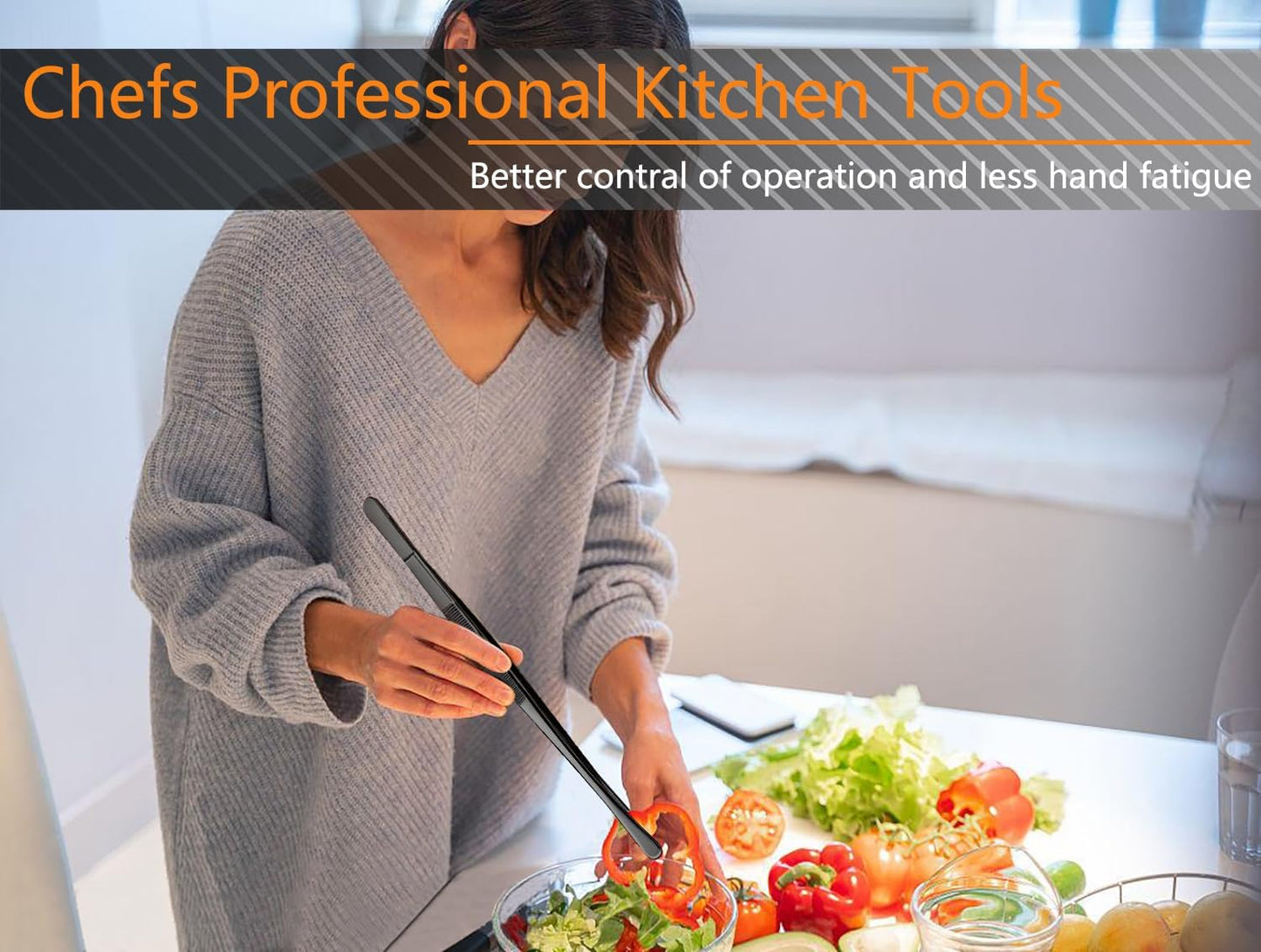 JETKONG 6 Pcs Cooking Tweezer Tongs, 12'' and 6.3" Stainless Steel Kitchen Tweezer Set, Professional Chef Tweezers for Cooking, Repairing, Sea Food, BBQ, Multi-use (Black)