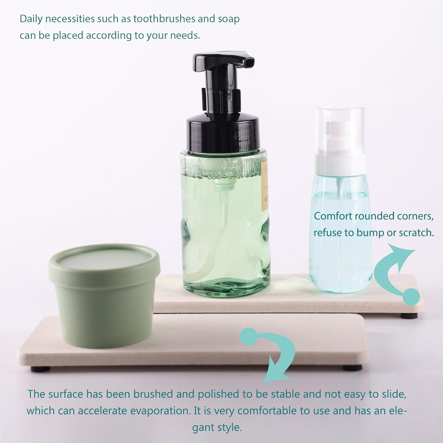 2 Pcs Water Absorbing Stone Trays, Kitchen/Bathroom Sink Soap Dish, Diatomite Tray Used for Hand Soap & Cosmetic Bottles in The Modern Home, 3.15" W x 8.7" L, Light Gray