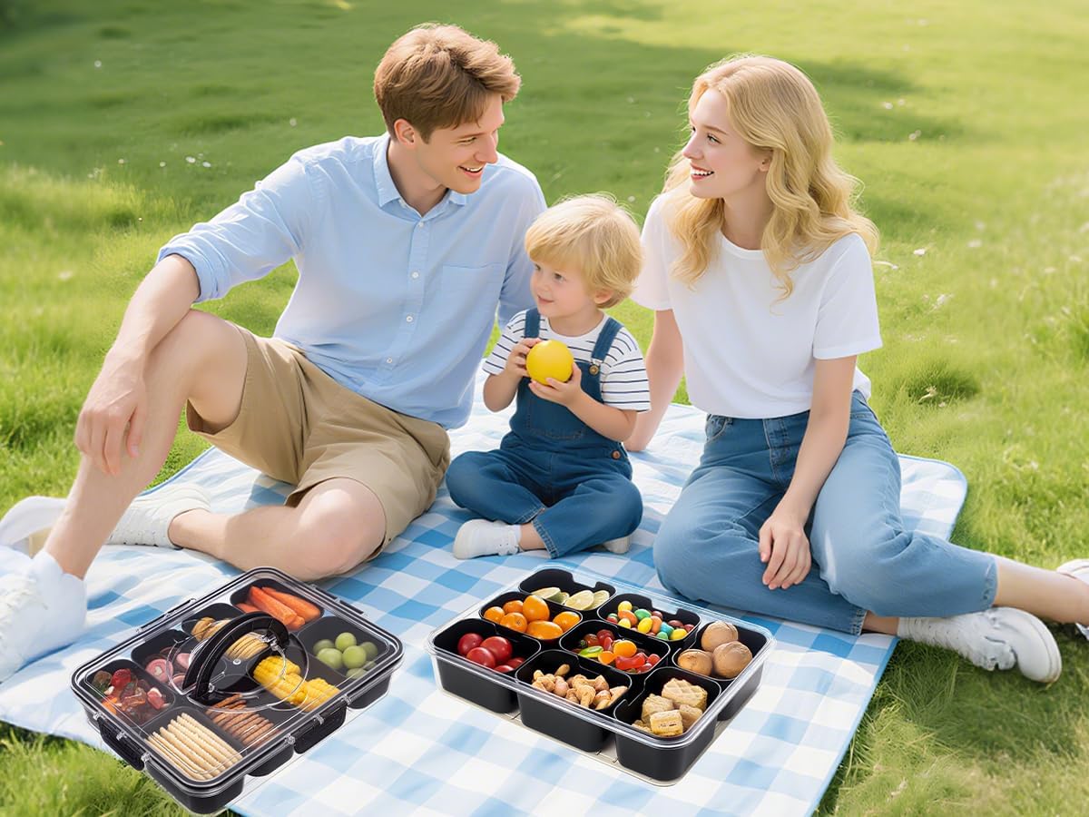 Divided Serving Tray with Lid and Handle - Snackle Box Charcuterie Container for Portable Snack Platters Organizer for Candy, Fruits, Nuts, Snacks - Perfect for Party, Entertaining, Black