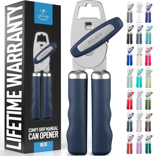 Zulay Kitchen Heavy Duty Stainless Steel Can Opener Manual with Bottle Opener - Rust Proof Manual Can Opener With Turn Knob & Comfy Soft Grip Handles - Blue