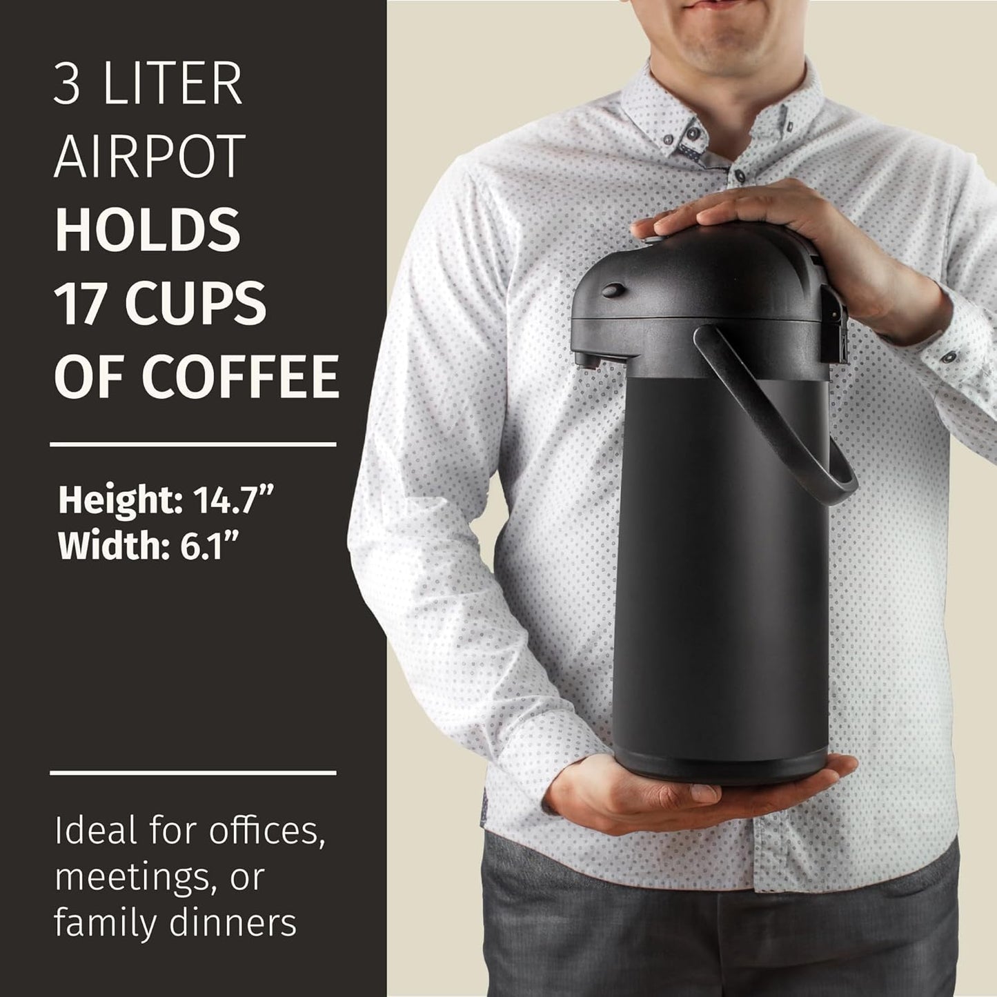 Airpot Coffee Dispenser With Pump, Black - 12 Hours Hot Water Dispenser with Pump, 36 Hours Cold - Coffee Thermal Carafe for Hot Drinks, Tea Flask for Beverages -Large Carafe w/ One-Handed Dispensing