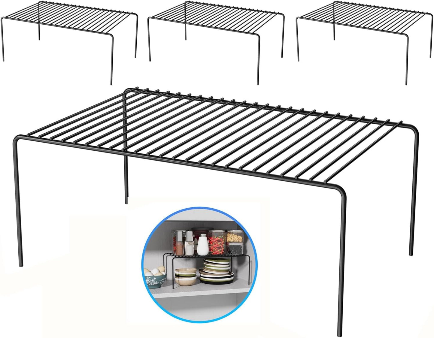 Large(15.7 x 9.4 inch)Black Cabinet Storage Shelf Rack Set of 4, Rustproof Metal Wire Kitchen Counter Organizers and Storage, Spice Organization for Cabinet, Plate, Dish, Pantry, Bathroom, Fridge